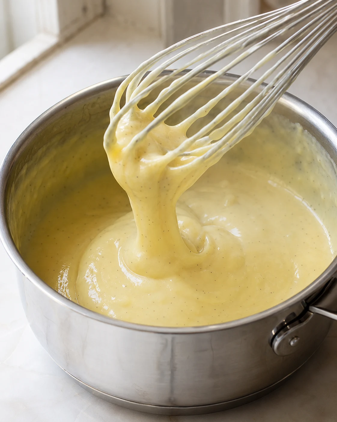 Appareil a flan epaissi dans une casserole avec fouet et texture lisse a la vanille avant cuisson