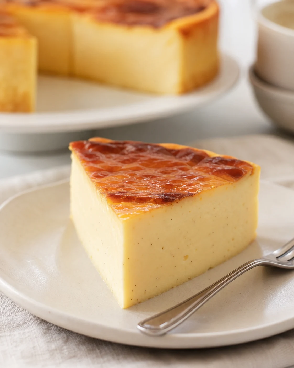 Part de flan patissier sans pate servie en assiette avec coupe propre et dessus dore
