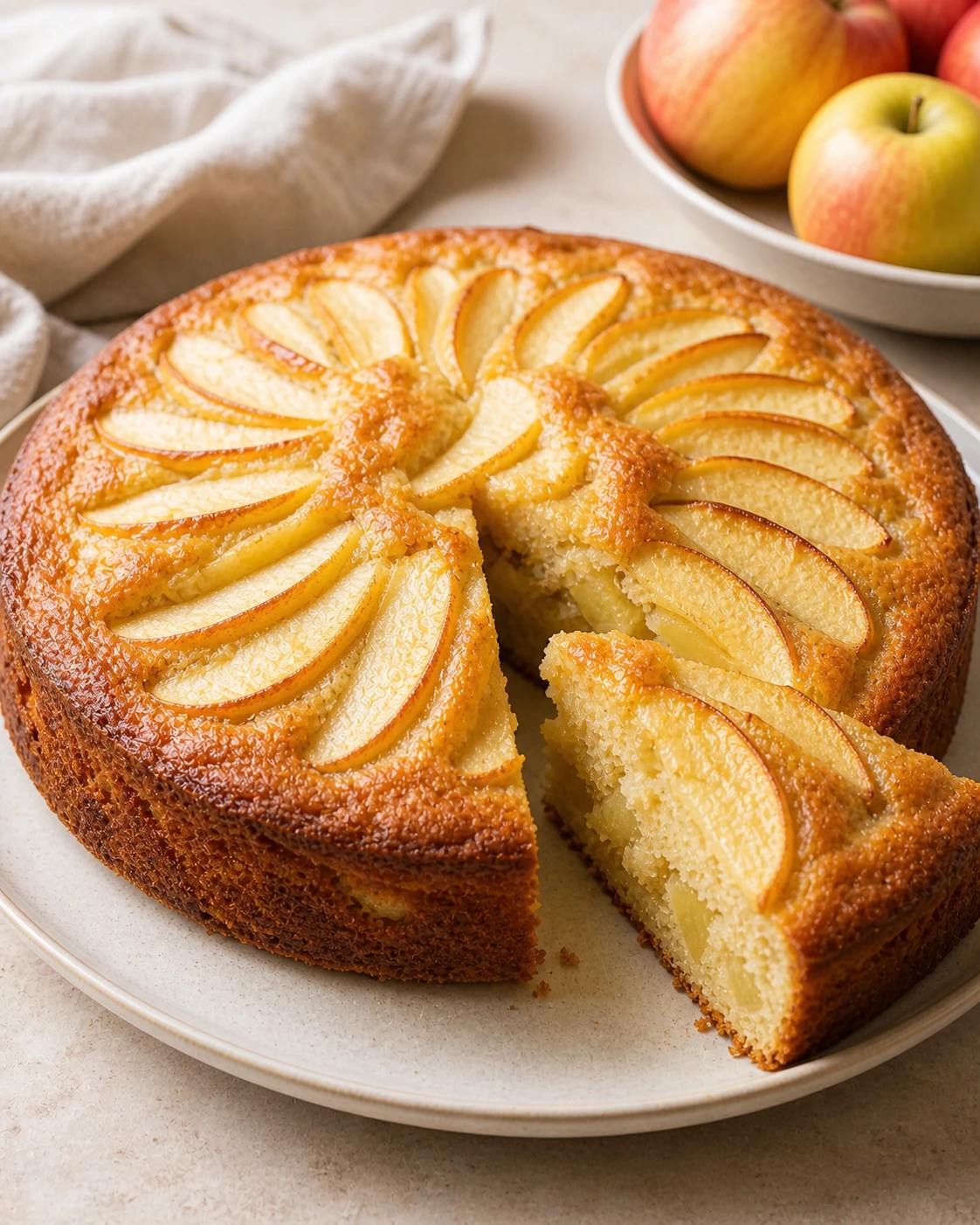 Gâteau au yaourt aux pommes doré avec fines lamelles de pommes sur le dessus et part coupée sur assiette claire