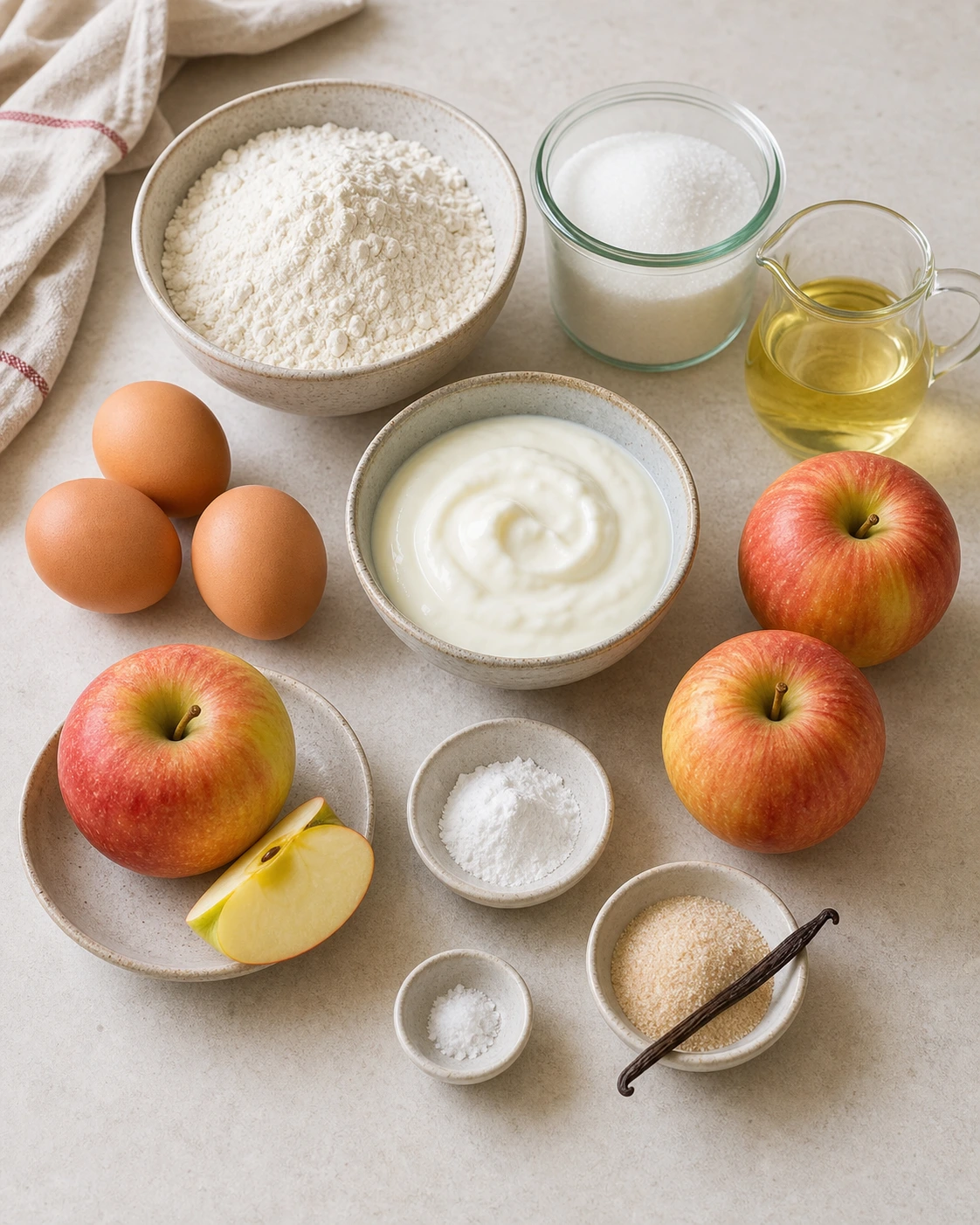 Ingrédients du gâteau au yaourt aux pommes avec yaourt nature, farine, sucre, œufs, huile, levure et pommes sur plan de travail clair