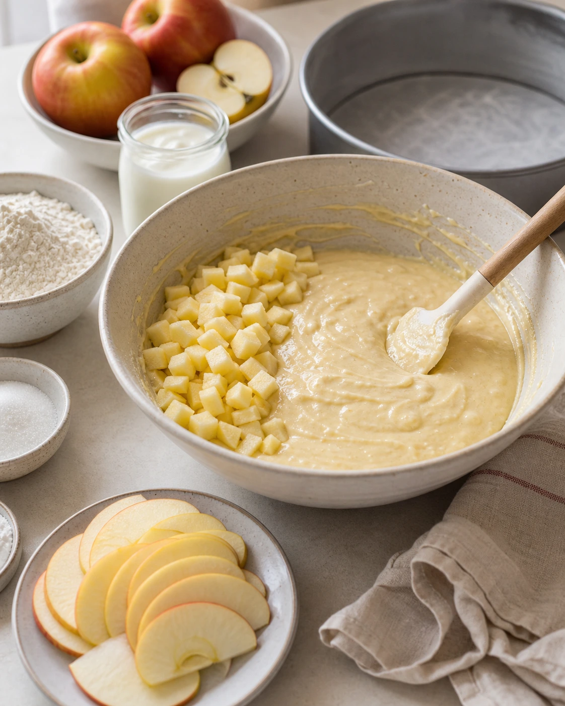 Pâte à gâteau au yaourt mélangée dans un saladier avec dés de pommes prêts à être incorporés et lamelles de pommes pour le dessus