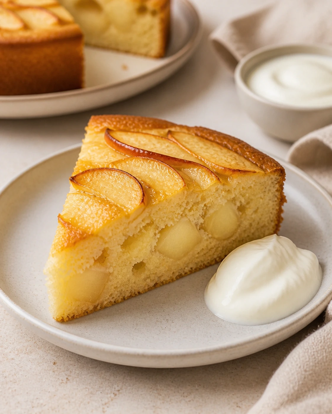 Part de gâteau au yaourt aux pommes servie tiède avec mie moelleuse et morceaux de pommes visibles sur petite assiette claire
