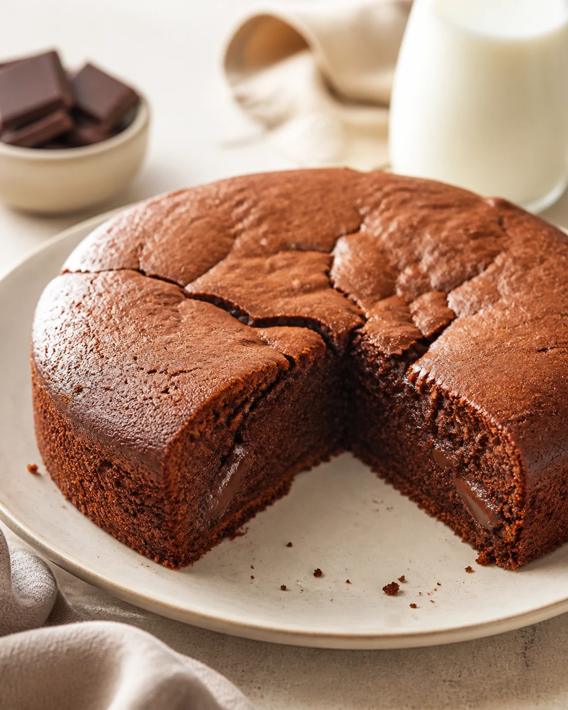 Gâteau au yaourt au chocolat rond avec une part coupée et une mie moelleuse aux morceaux de chocolat sur assiette claire
