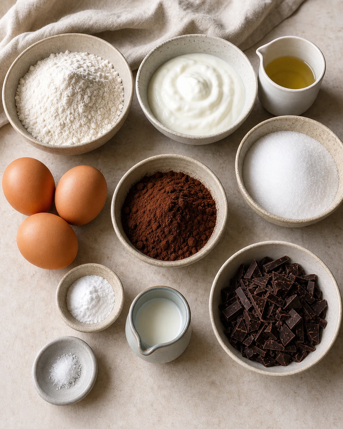 Ingrédients du gâteau au yaourt au chocolat avec yaourt nature, farine, sucre, œufs, huile, cacao, levure, lait et chocolat noir sur plan de travail clair