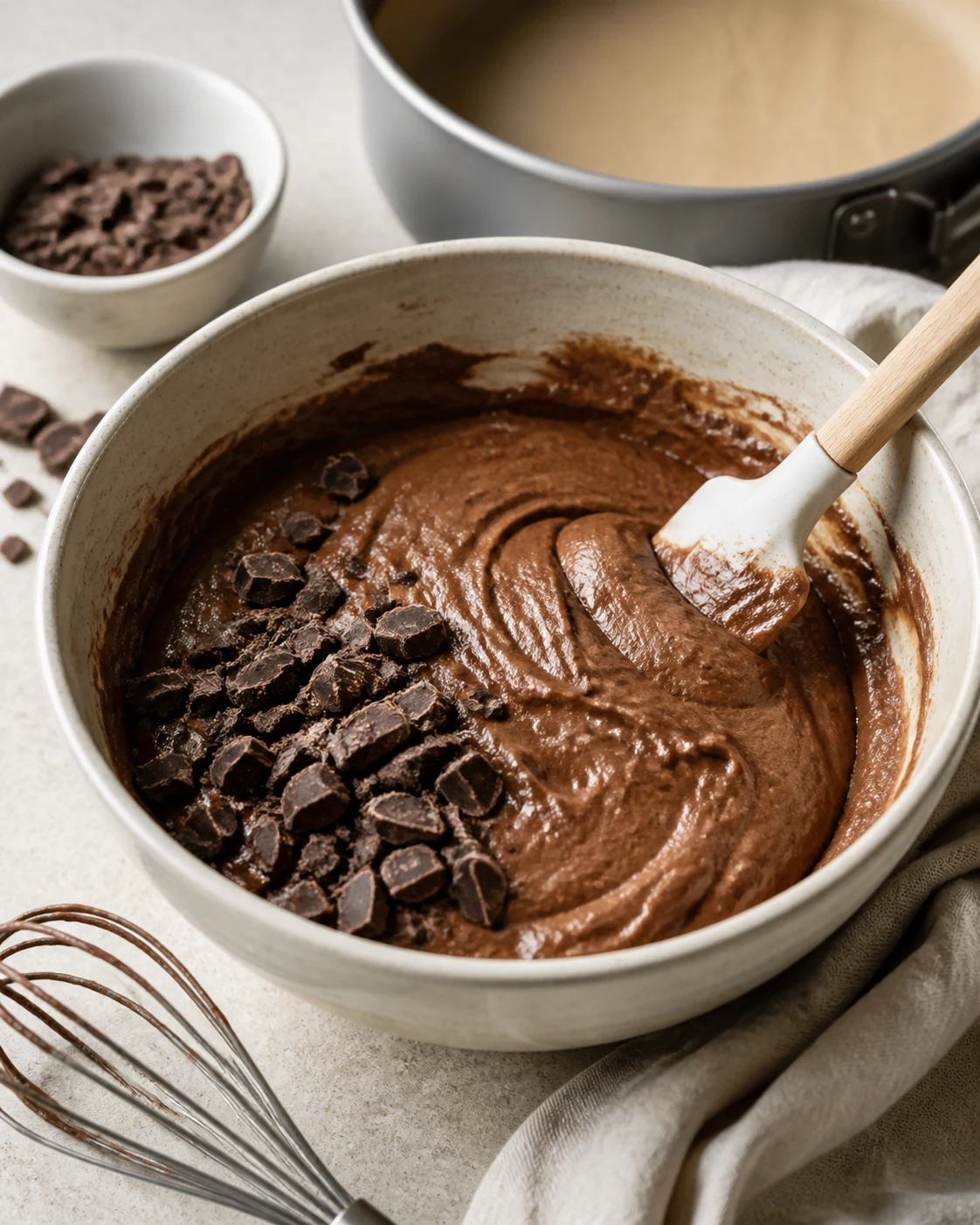 Pâte au yaourt au chocolat mélangée dans un saladier avec cacao incorporé et morceaux de chocolat prêts à être ajoutés