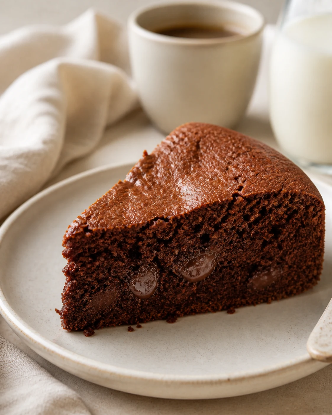 Part de gâteau au yaourt au chocolat servie sur petite assiette avec mie moelleuse et chocolat fondant visible