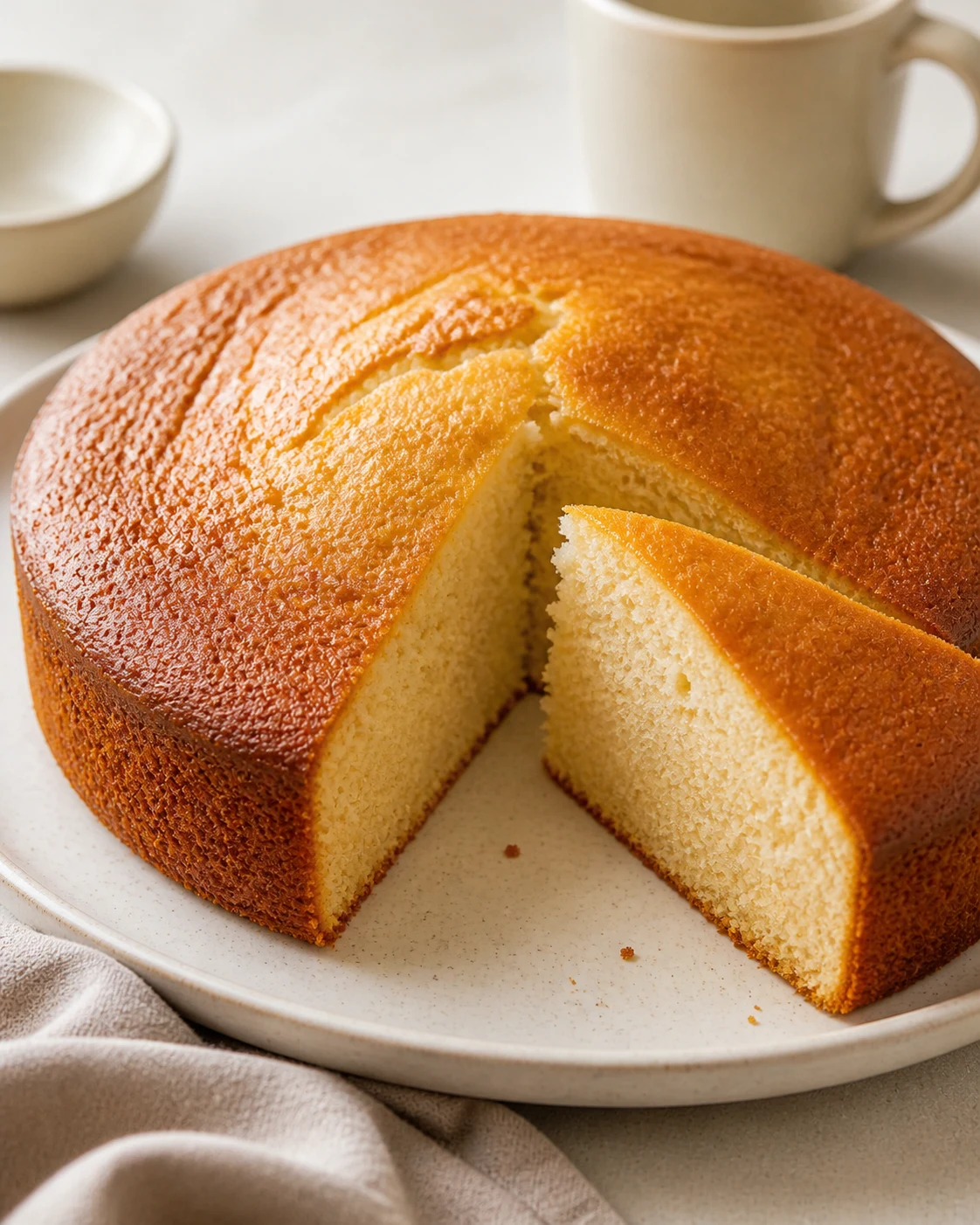 Gâteau au yaourt moelleux doré avec une part coupée montrant une mie claire et souple sur table lumineuse