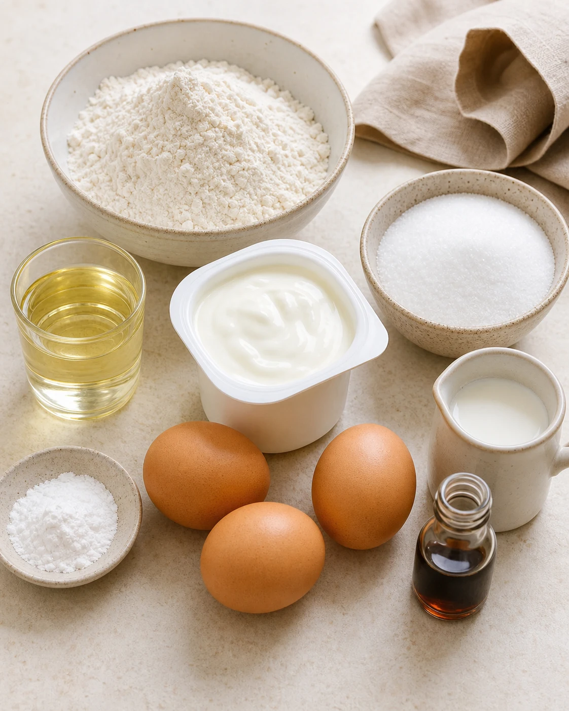 Ingrédients du gâteau au yaourt moelleux avec yaourt nature, farine, sucre, œufs, huile, levure, lait et vanille sur plan de travail clair