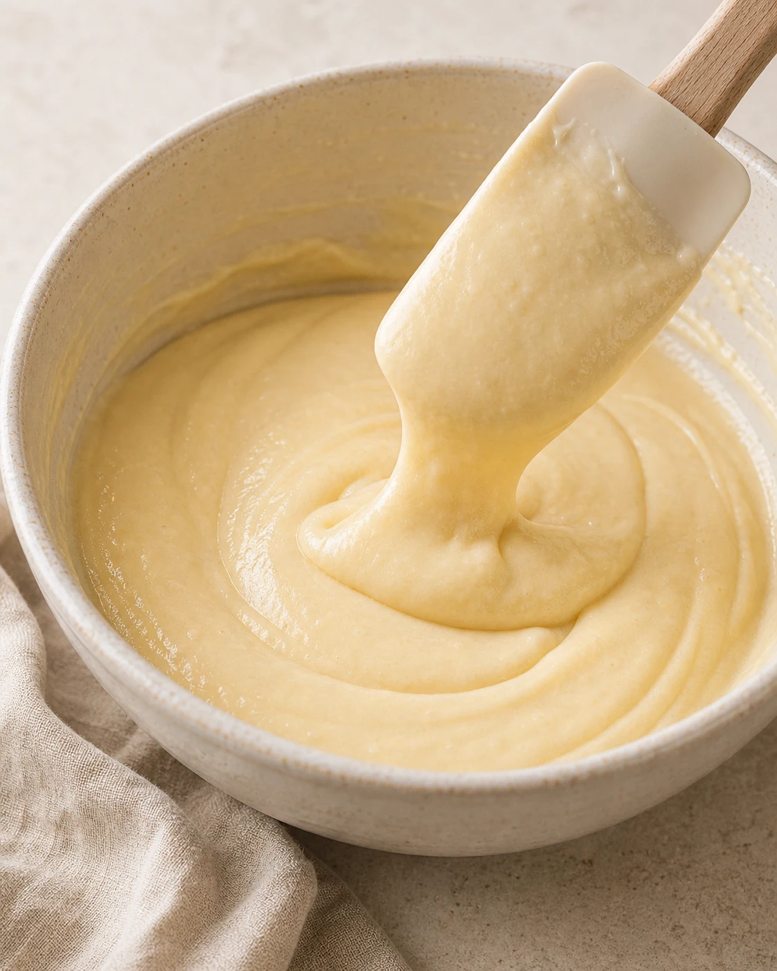 Pâte lisse de gâteau au yaourt moelleux dans un saladier avec texture souple et spatule sur plan de travail clair