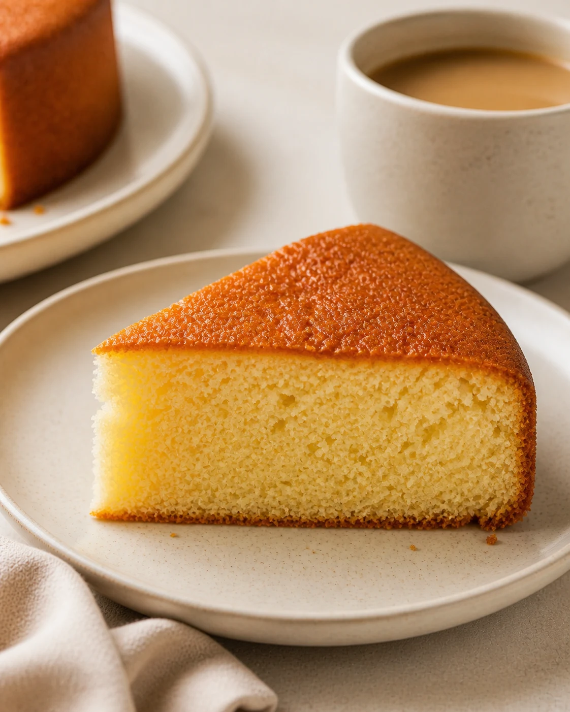 Part de gâteau au yaourt moelleux servie sur petite assiette avec mie claire et tasse floue en arrière-plan