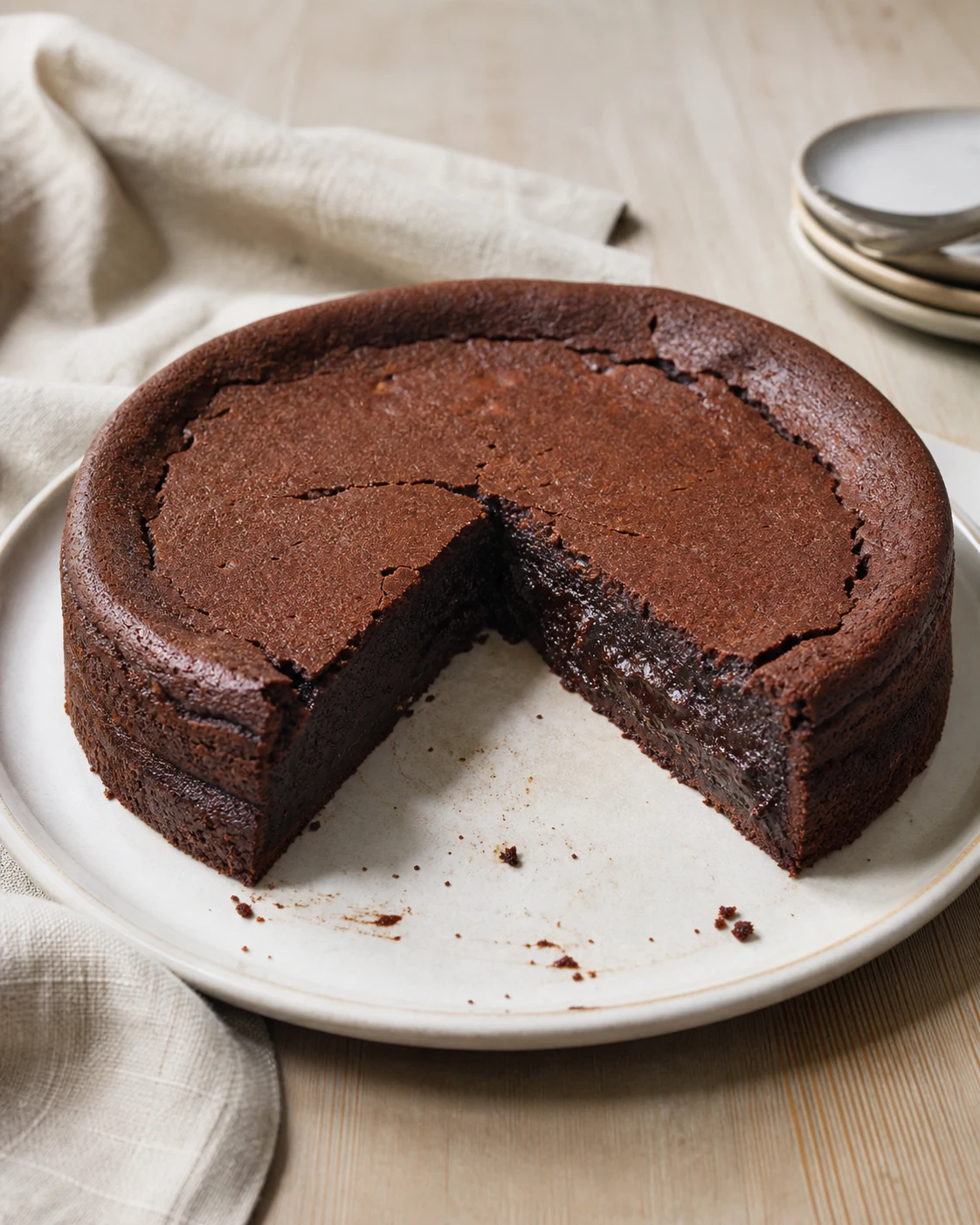 Gateau au chocolat fondant rond avec une part retiree et coeur dense encore souple