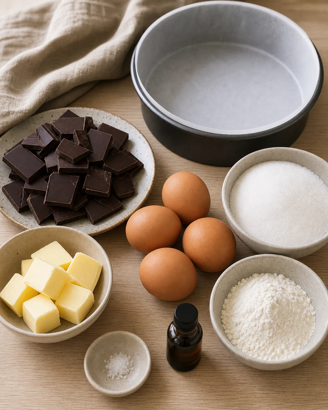 Ingredients du gateau au chocolat fondant avec chocolat noir, beurre, oeufs, sucre, farine et moule rond prepare