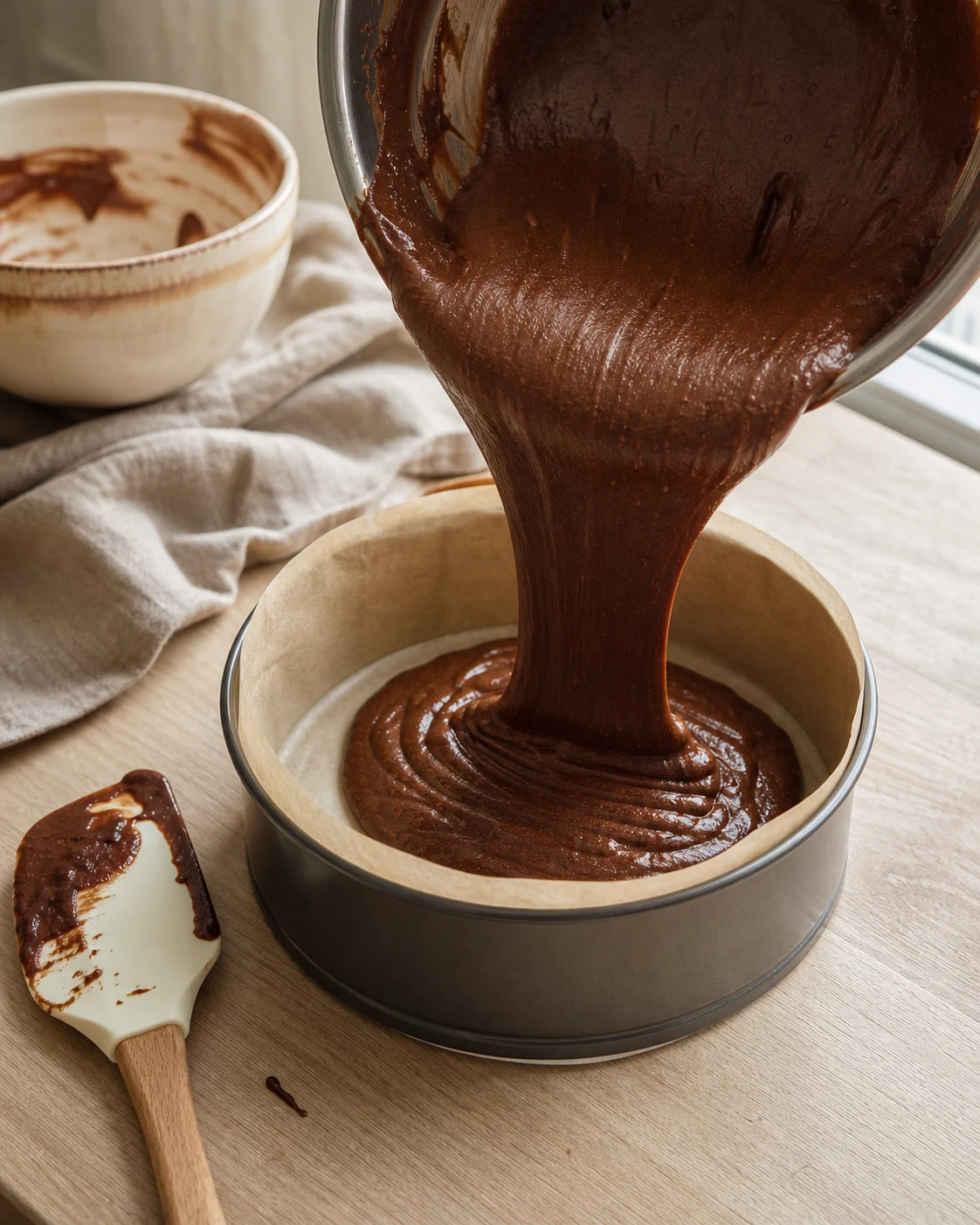 Pate a gateau au chocolat fondant lisse et brillante versee dans un moule rond chemise avant cuisson