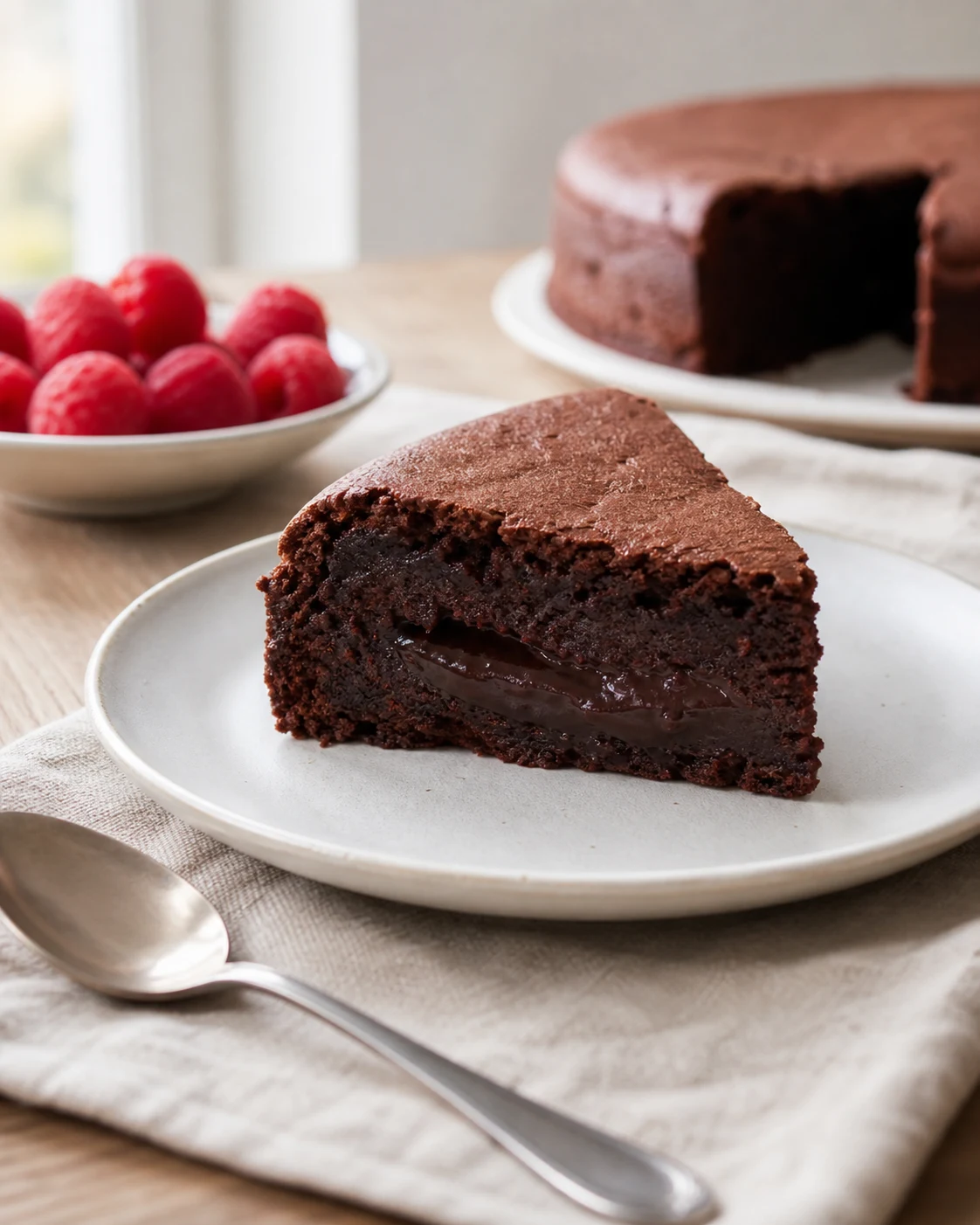 Part de gateau au chocolat fondant servie sur petite assiette avec coeur souple visible