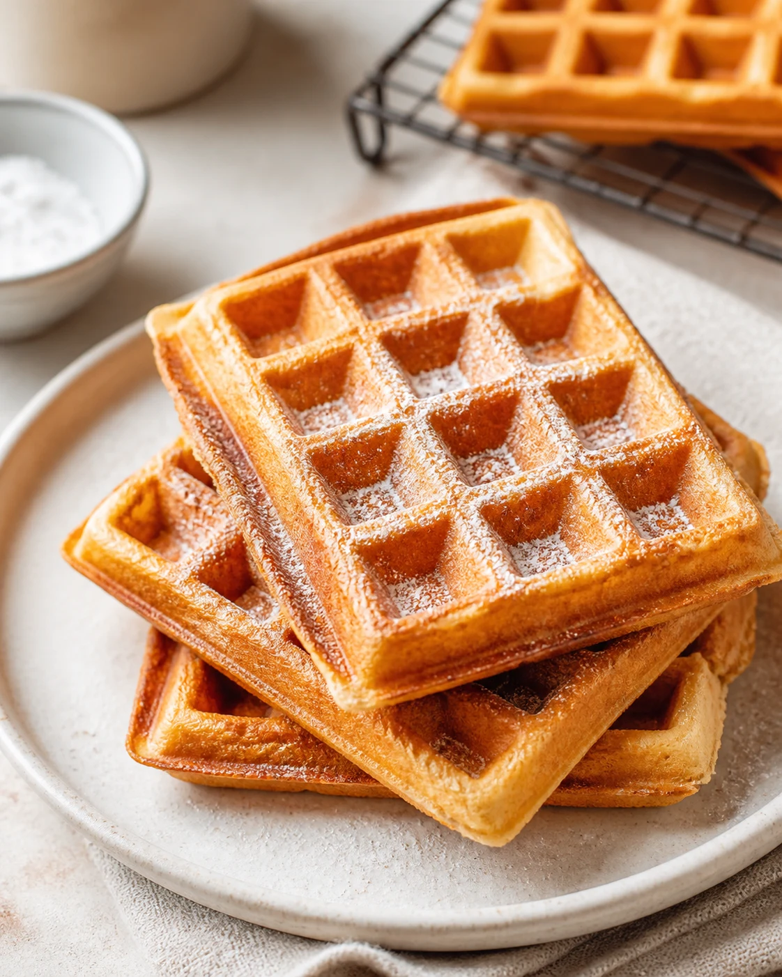 Gaufres croustillantes faciles bien dorees empilees sur assiette avec sucre glace leger