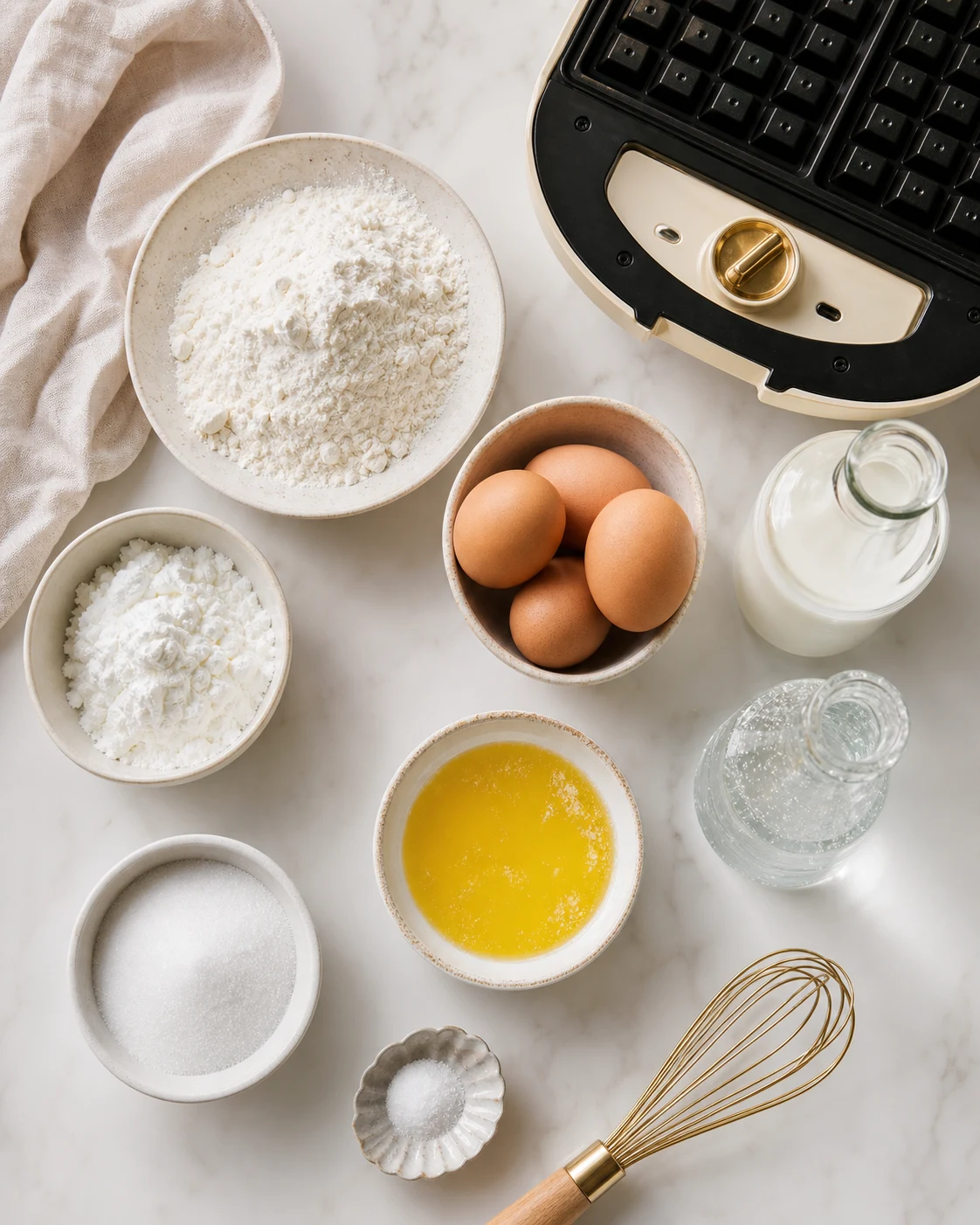 Ingredients pour gaufres croustillantes avec farine, fecule, oeufs, lait, eau gazeuse, beurre fondu et gaufrier