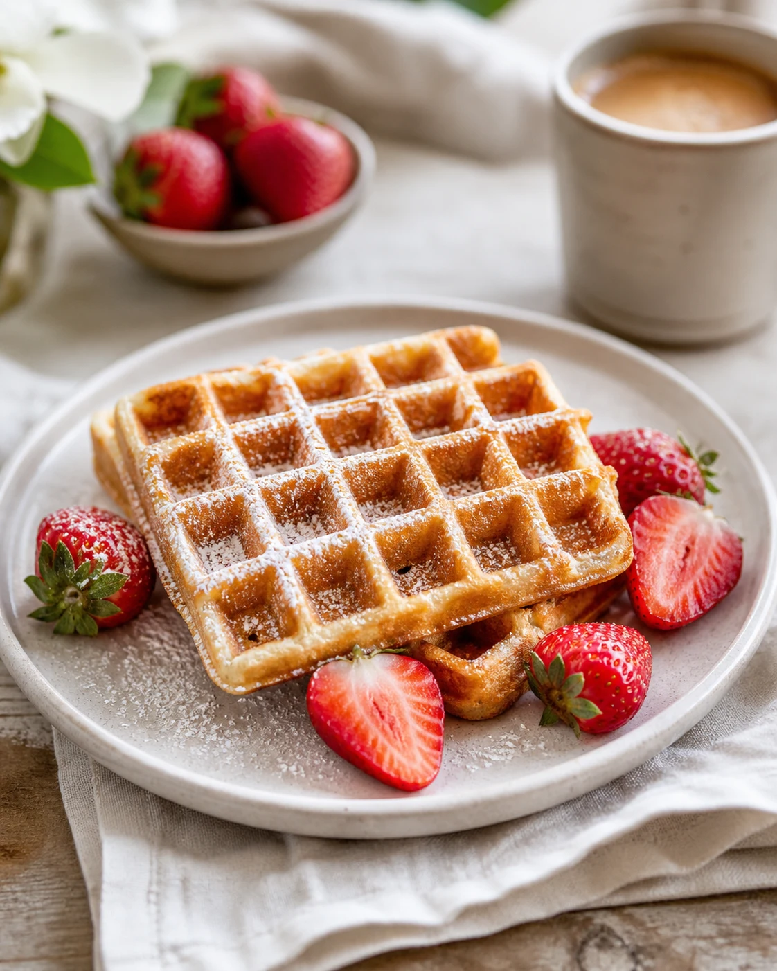Gaufres croustillantes servies tiedes avec sucre glace, fraises fraiches et tasse de cafe
