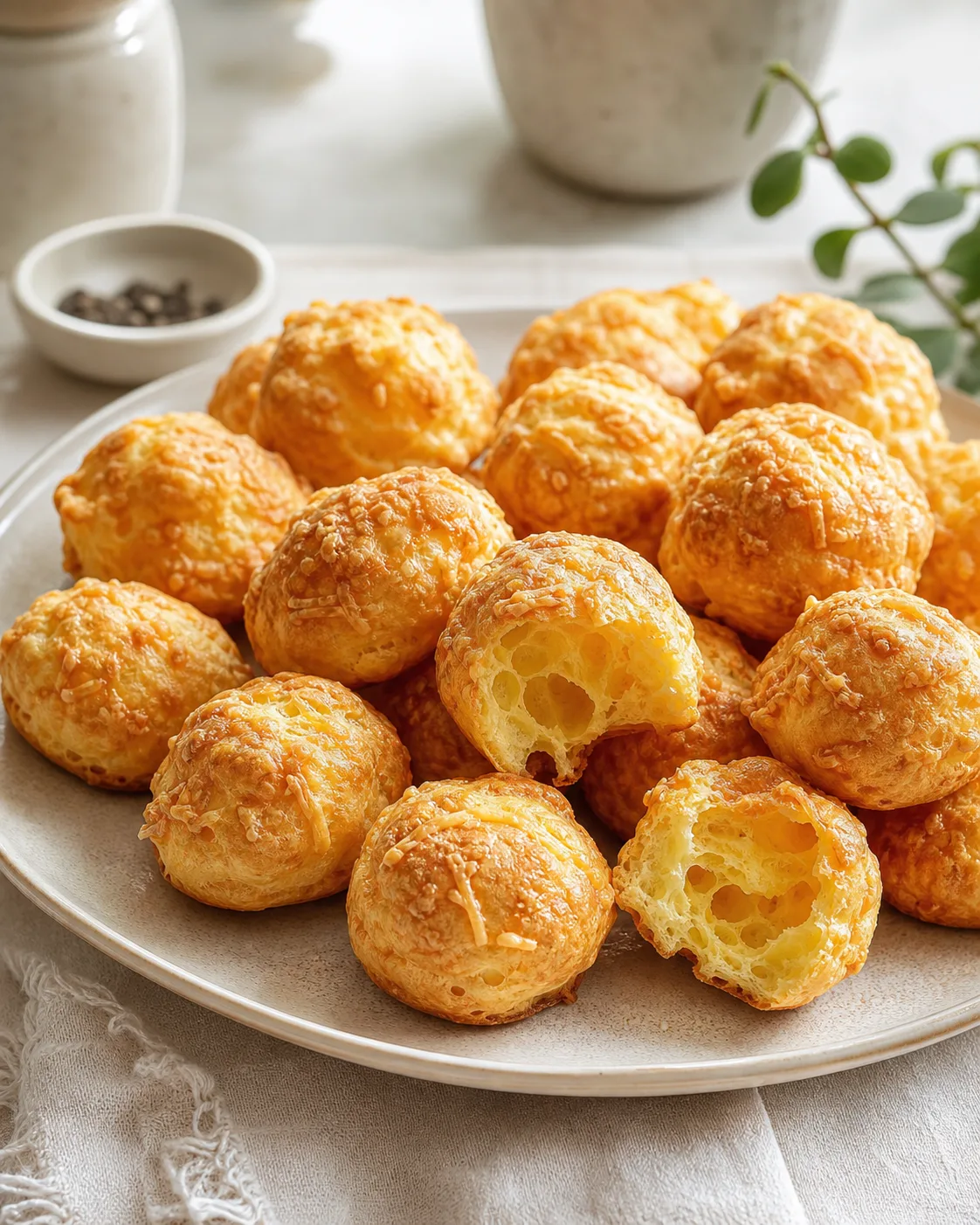 Gougères au fromage bien dorées servies tièdes sur un plateau clair avec fromage râpé visible en surface