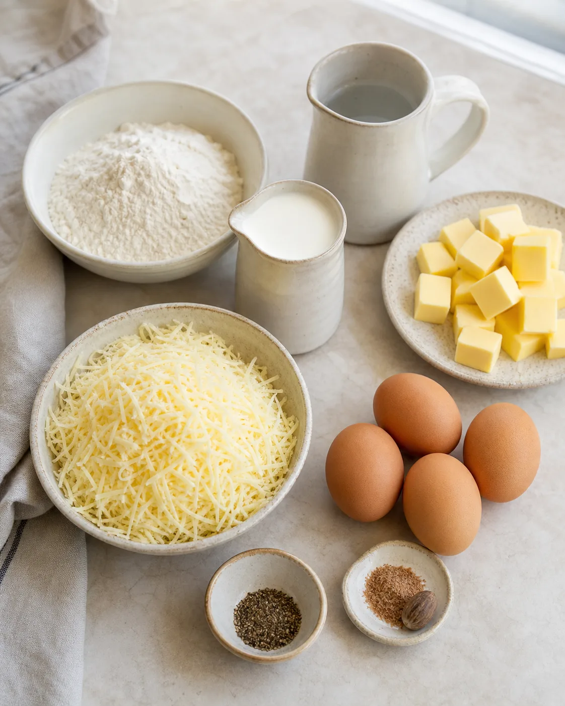 Ingrédients pour gougères au fromage avec eau, lait, beurre, farine, œufs et gruyère râpé sur plan de travail clair