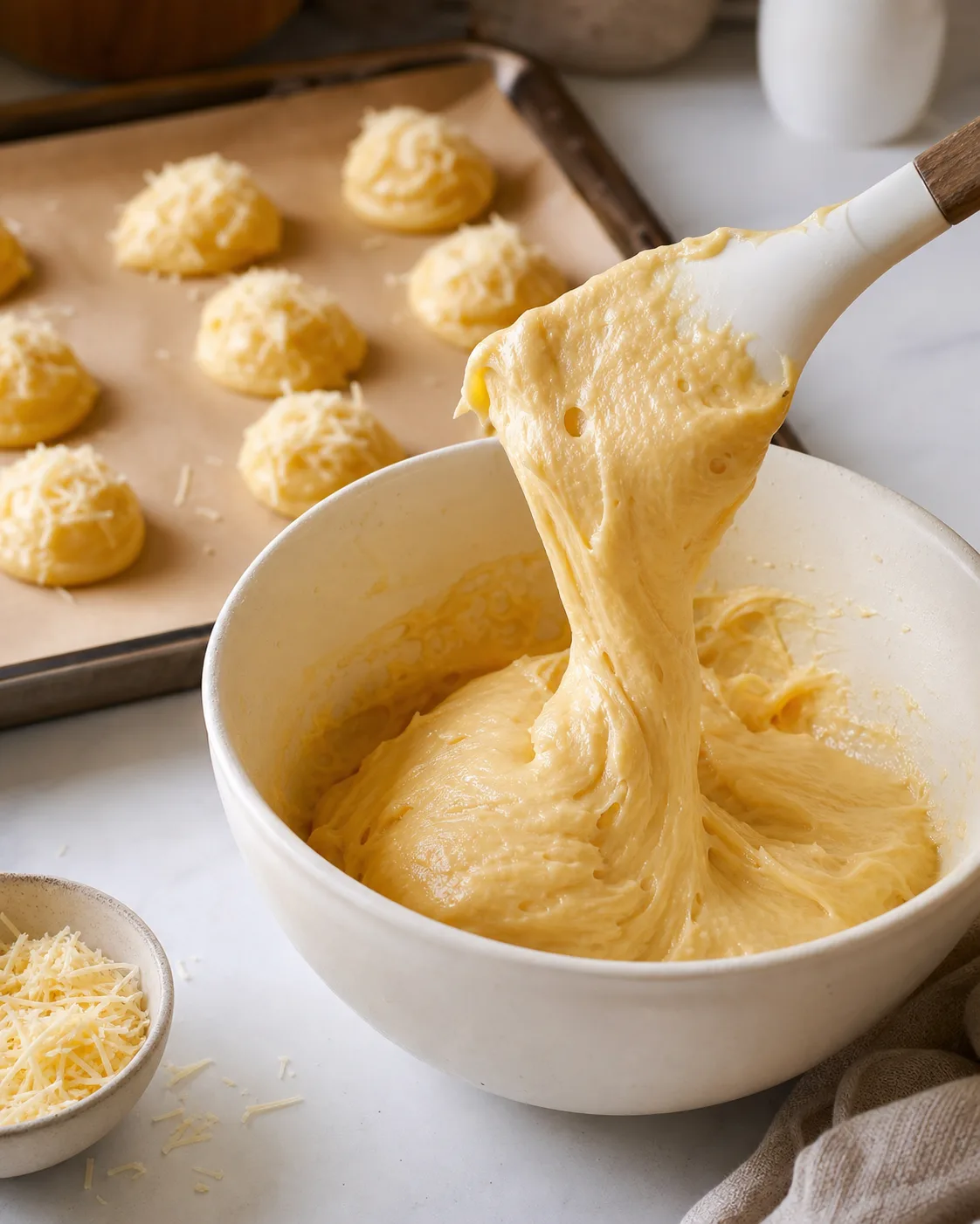 Préparation de gougères avec pâte à choux brillante dans un bol et petits tas dressés sur une plaque avant cuisson