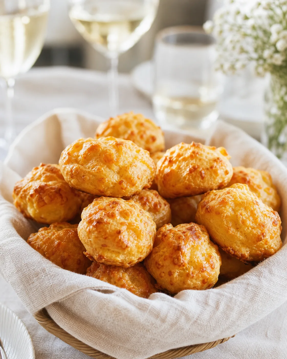 Gougères au fromage servies à l’apéritif dans un panier en linge clair avec quelques verres en arrière-plan