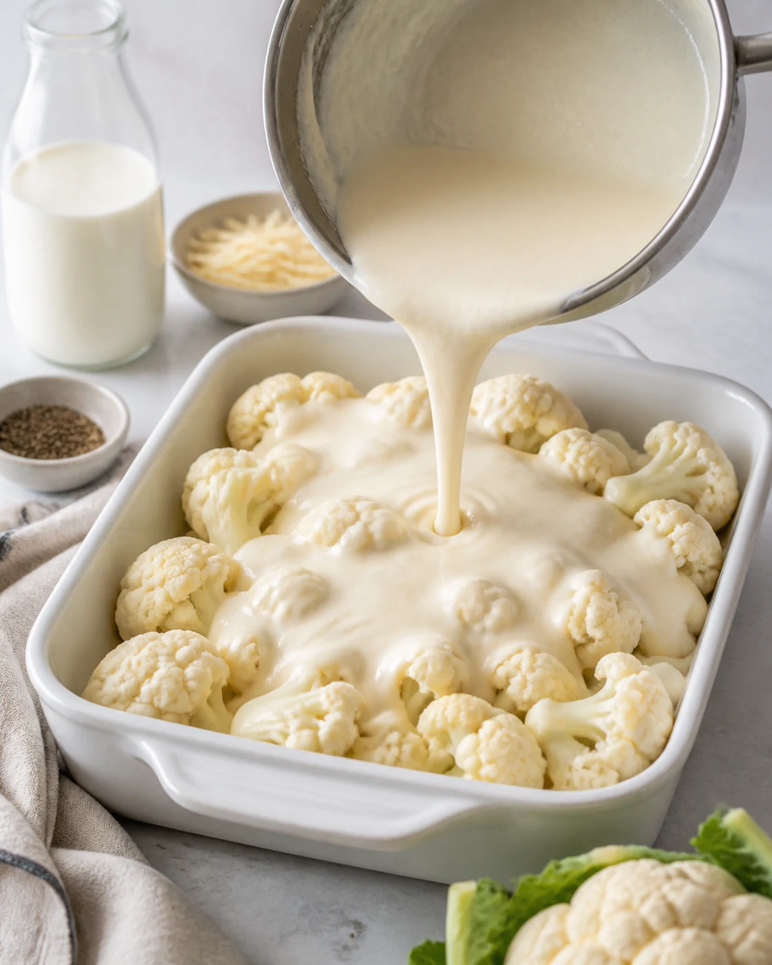 Gratin de chou-fleur dore dans un plat familial avec sauce cremeuse et portion deja servie