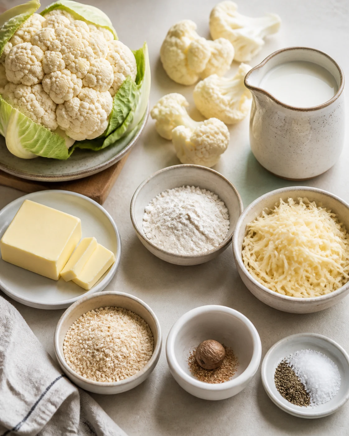 Ingredients pour gratin de chou-fleur avec chou-fleur, lait, beurre, farine, fromage rape, muscade et chapelure