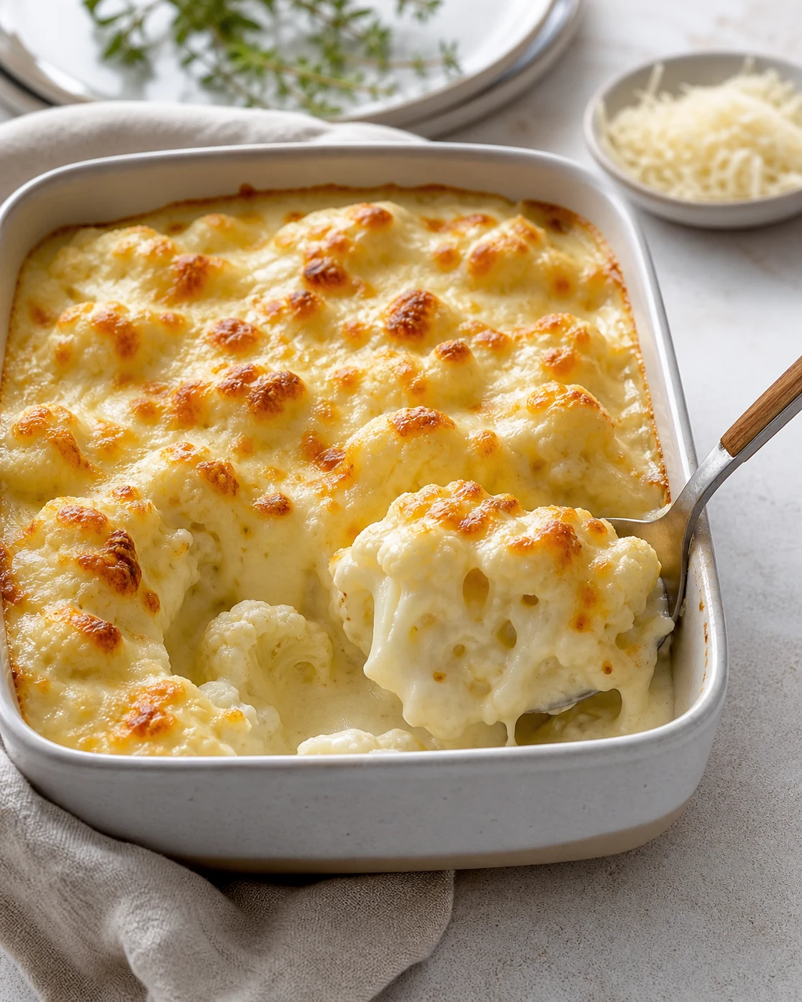 Part de gratin de chou-fleur servie dans une assiette claire avec salade verte