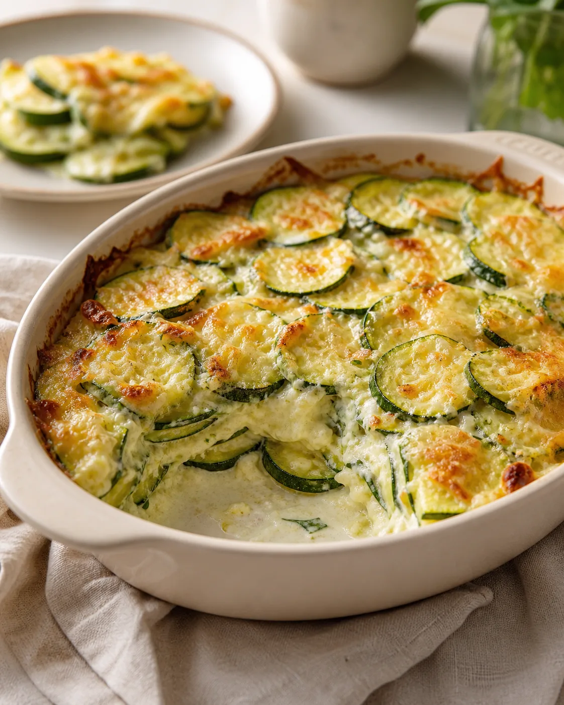 Gratin de courgettes doré au parmesan dans un plat familial avec une part déjà servie