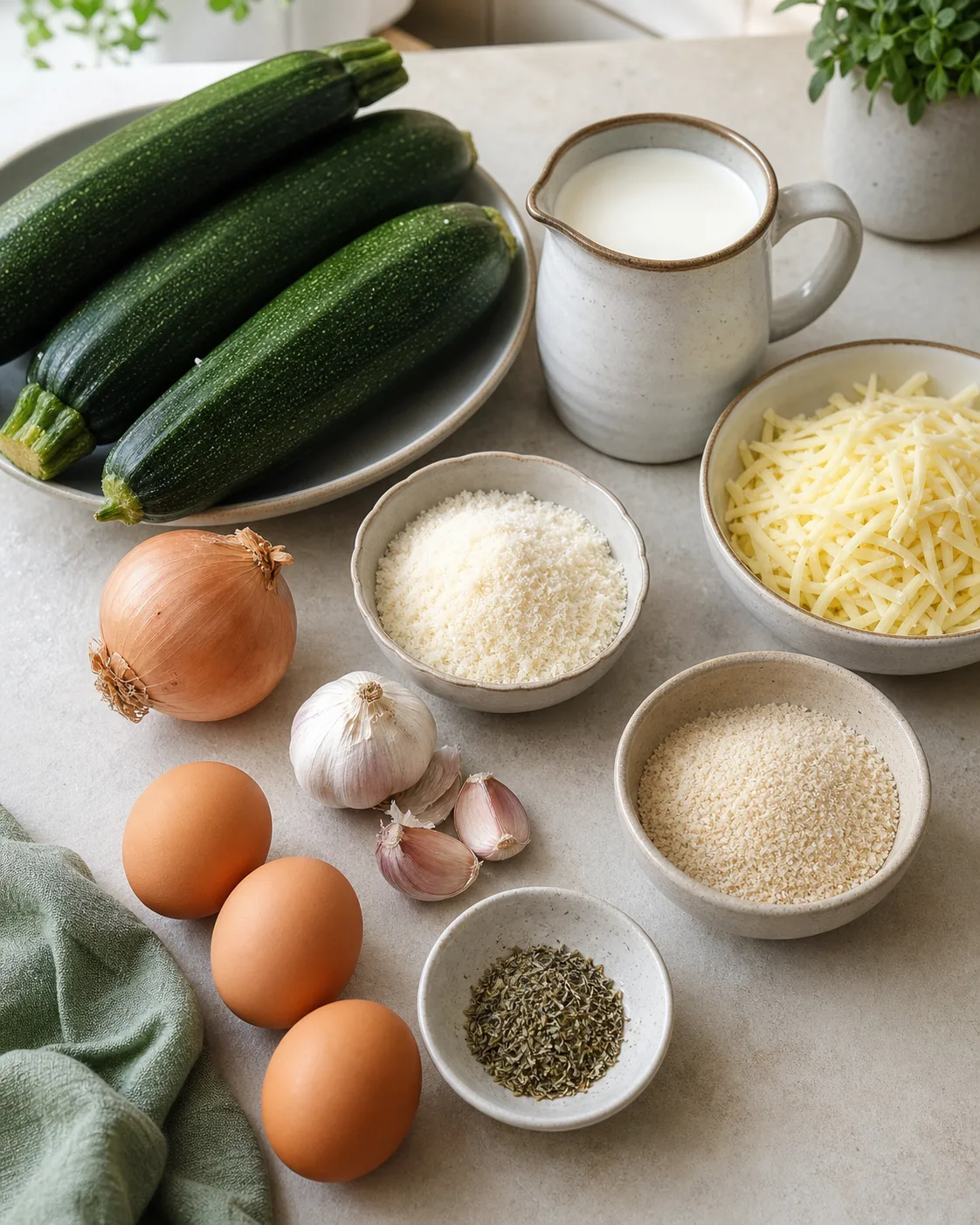 Ingrédients pour gratin de courgettes avec courgettes, oignon, œufs, crème, parmesan, gruyère, chapelure et herbes sur plan de travail clair
