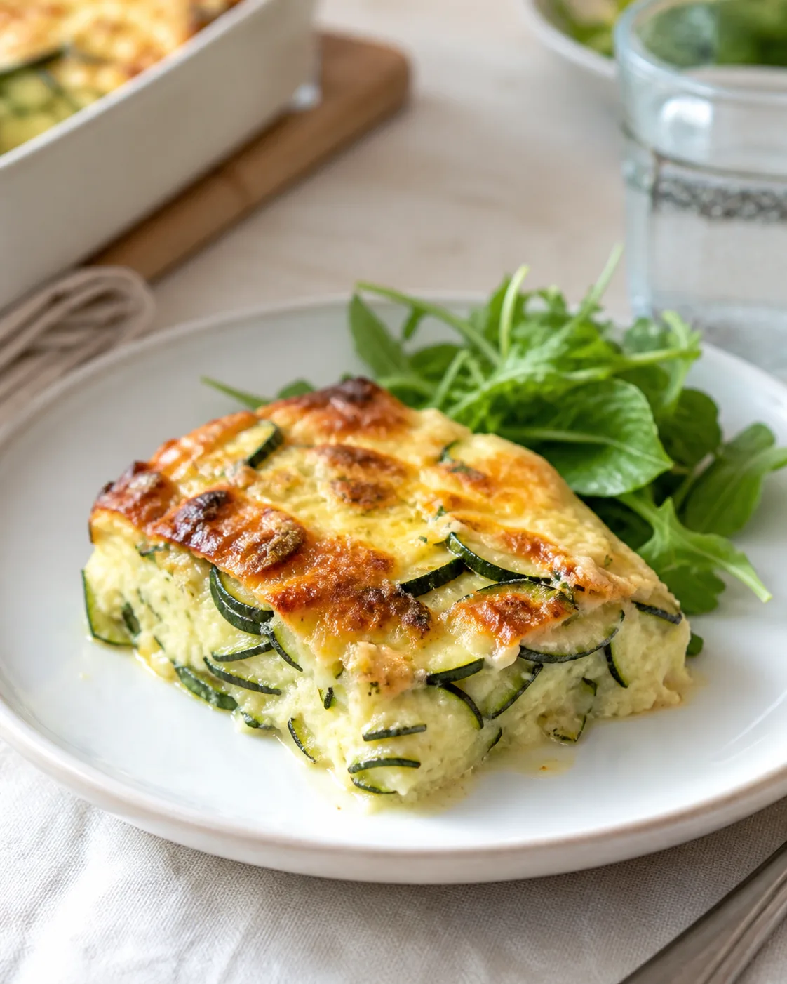 Part de gratin de courgettes servie avec une salade verte dans une assiette claire
