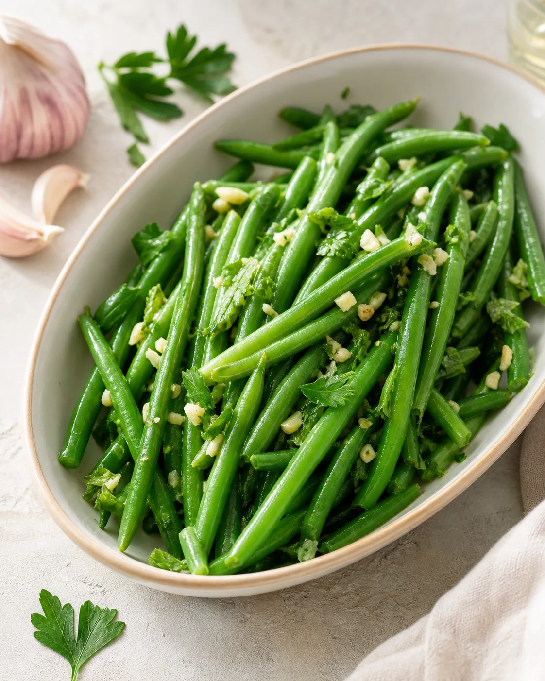 Haricots verts à l’ail et au persil servis chauds dans un plat clair avec persil frais visible