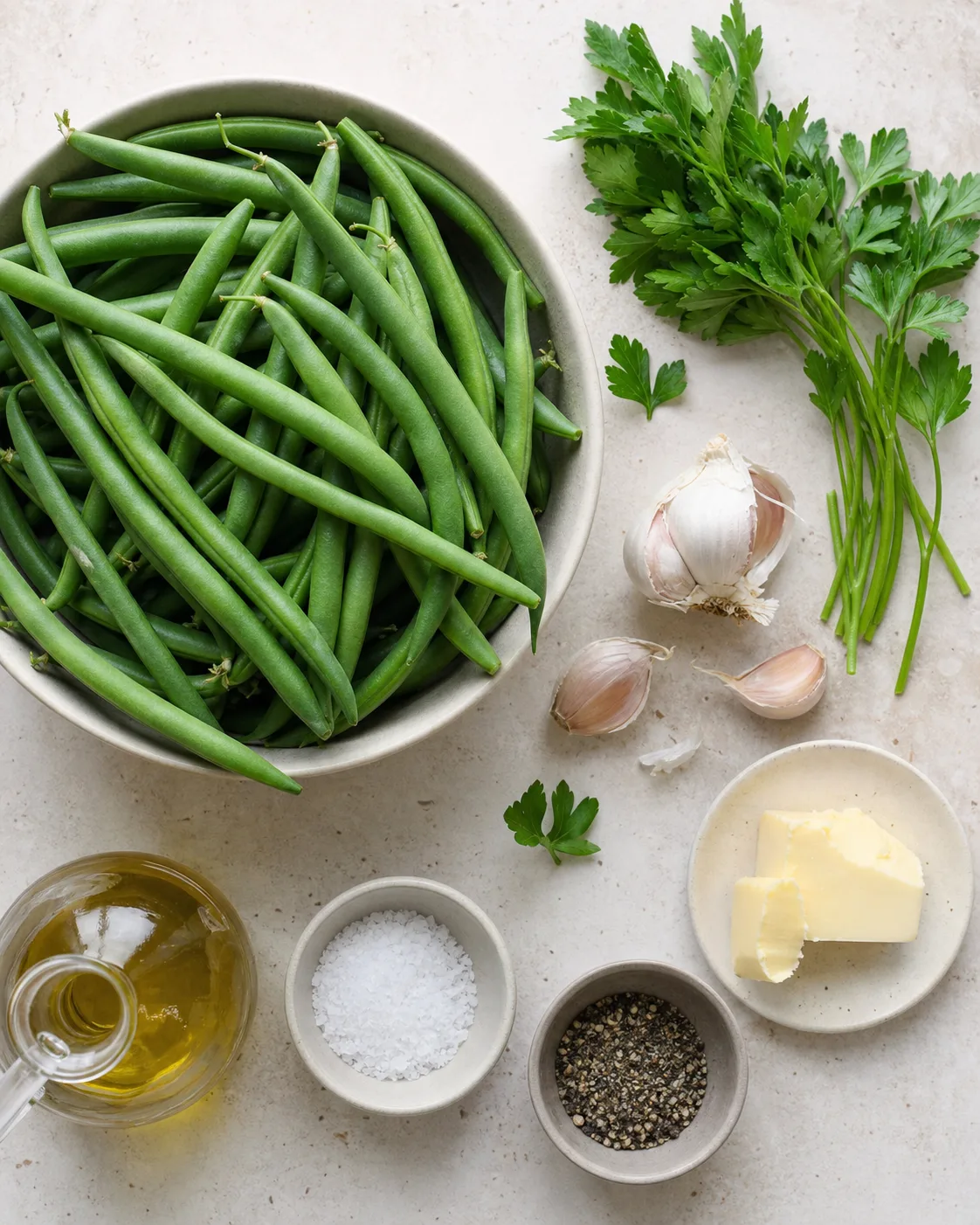 Ingrédients pour haricots verts ail et persil avec haricots frais, ail, persil plat, beurre, huile d’olive, sel et poivre