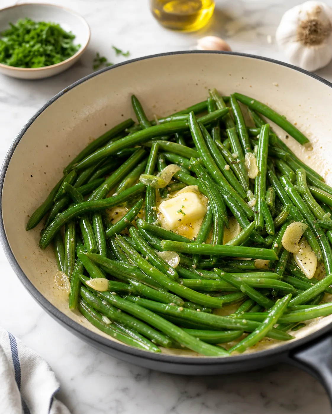 Haricots verts égouttés puis poêlés avec ail haché dans une grande poêle claire