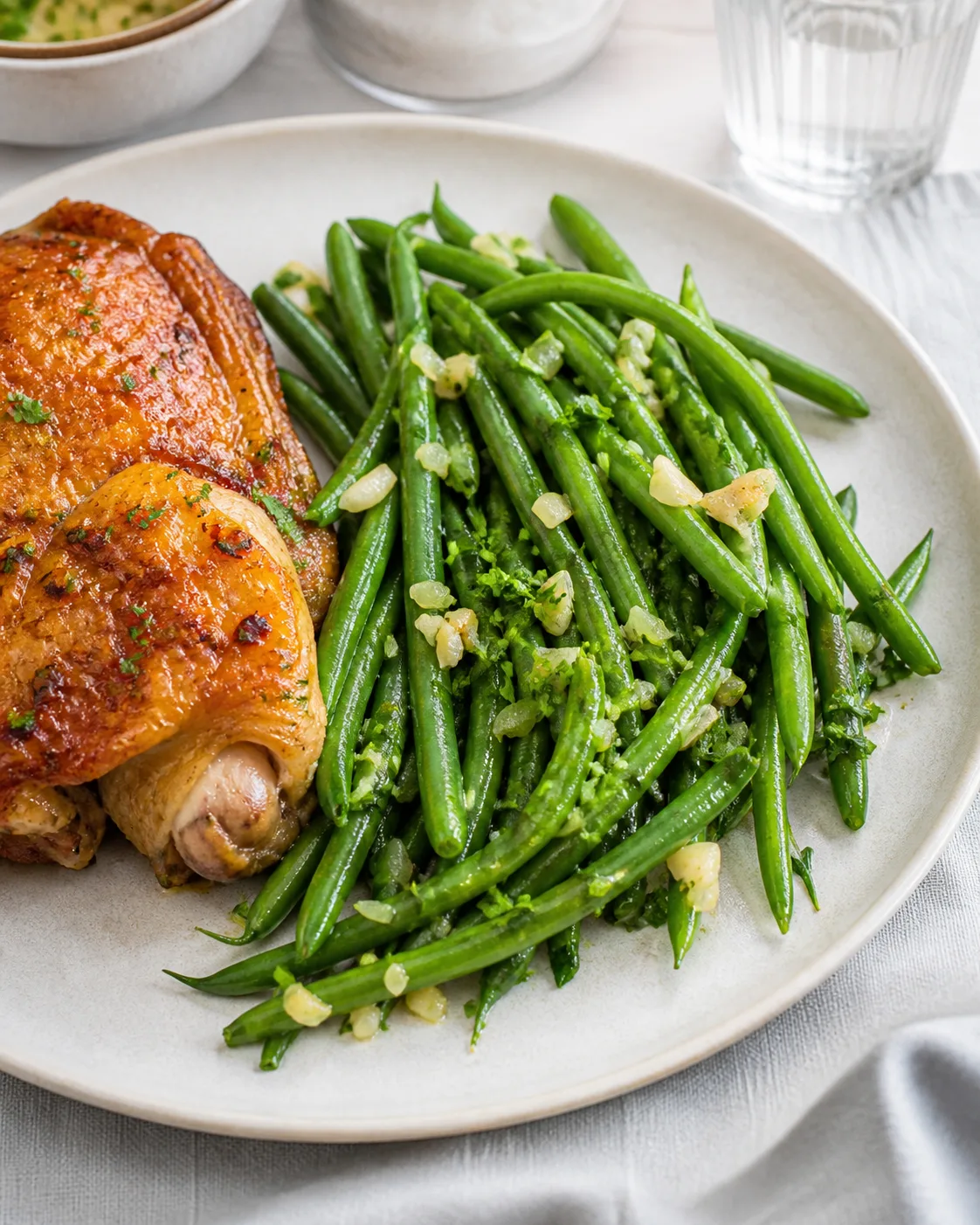 Haricots verts à l’ail et au persil servis avec un poulet rôti dans une assiette claire