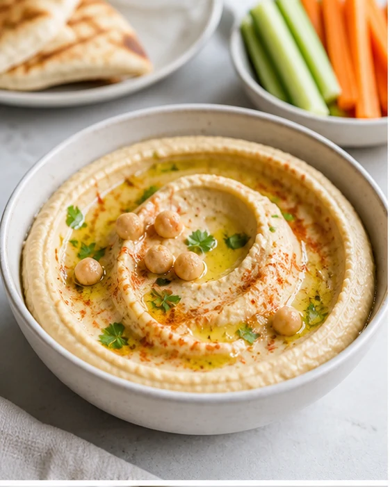 Bol de houmous maison crémeux avec huile d’olive, paprika et pois chiches entiers sur table claire