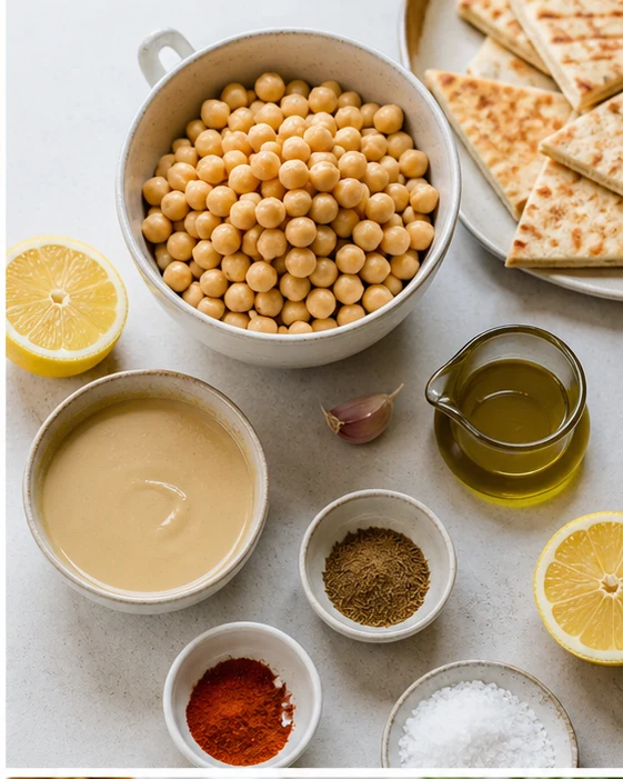 Ingrédients pour houmous maison avec pois chiches cuits, tahini, citron, ail, huile d’olive et cumin sur plan de travail lumineux