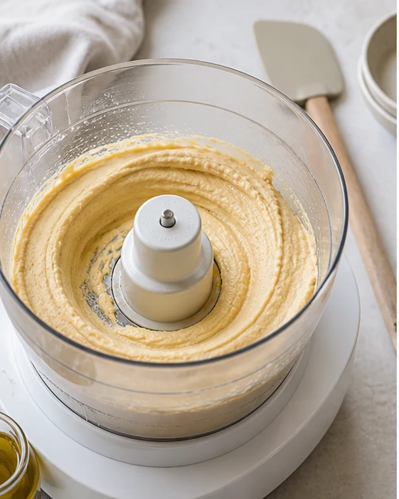 Houmous en cours de mixage dans un robot avec texture déjà lisse et spatule posée à côté