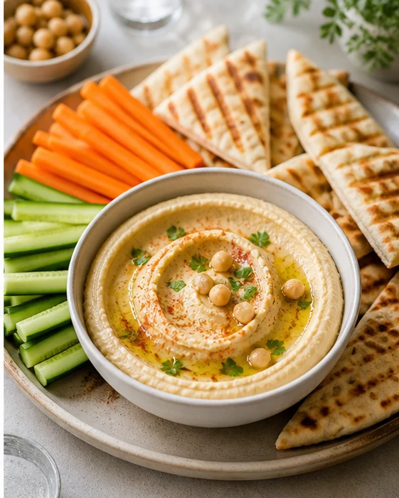 Houmous maison servi avec bâtonnets de carotte, concombre et pain pita grillé sur plateau apéritif clair