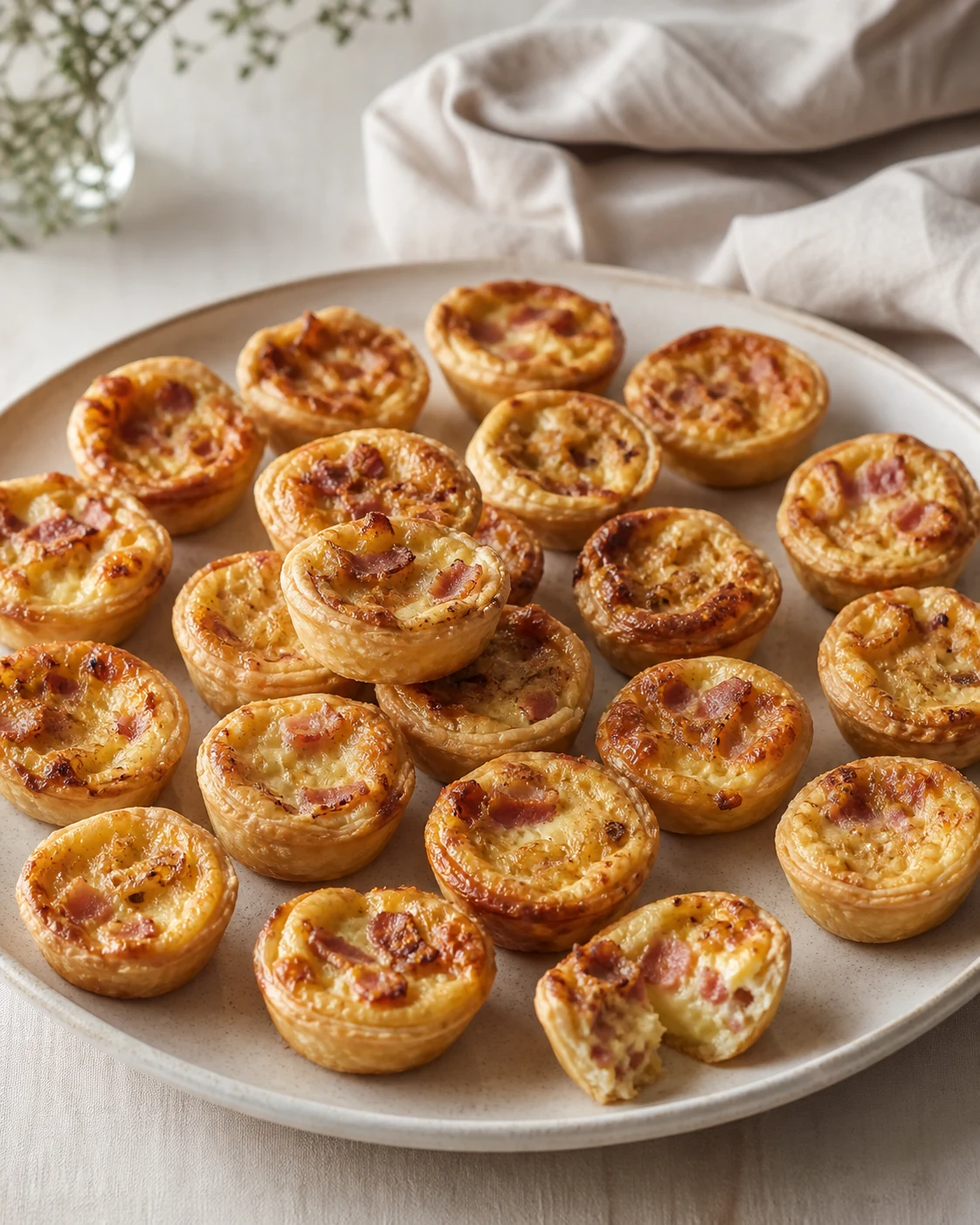 Plateau de mini quiches aperitif dorees aux lardons et au comte, servies tiedes sur table claire