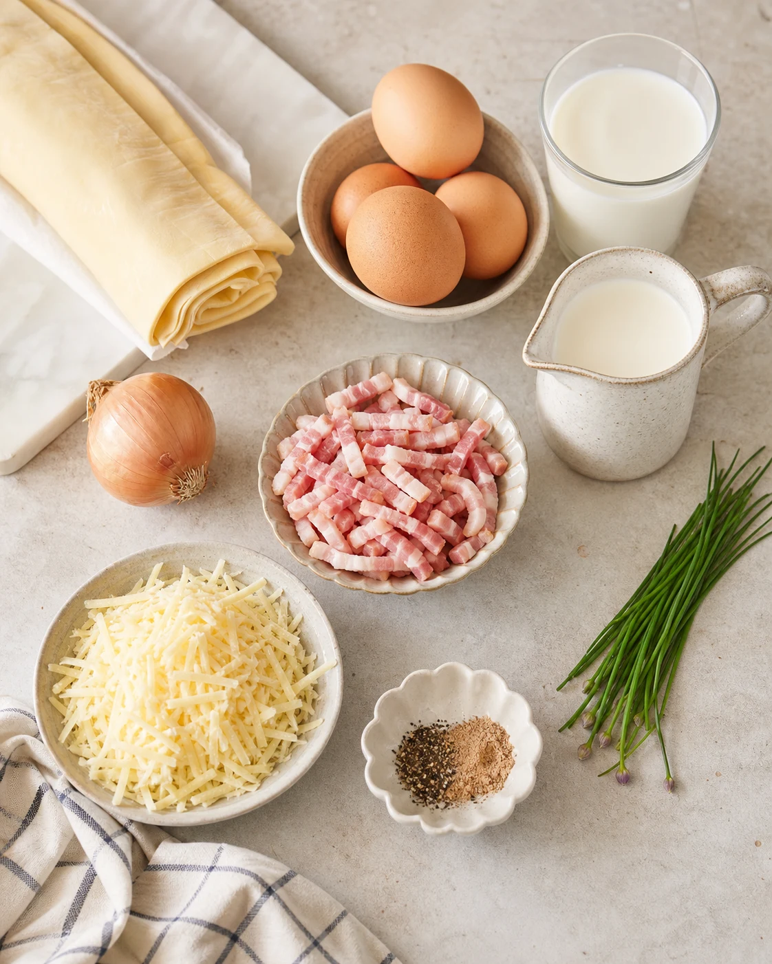 Ingredients pour mini quiches aperitif avec pate brisee, oeufs, creme, lait, lardons, oignon et comte rape sur plan de travail clair