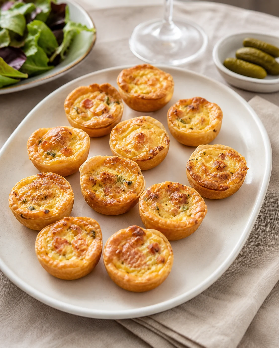 Mini quiches aperitif servies tiedes sur plateau clair avec serviette en lin et petite salade a cote