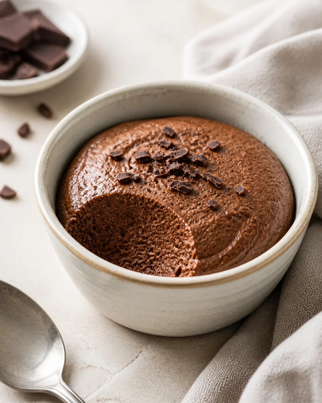 Mousse au chocolat simple servie en ramequin avec texture aérienne et surface souple