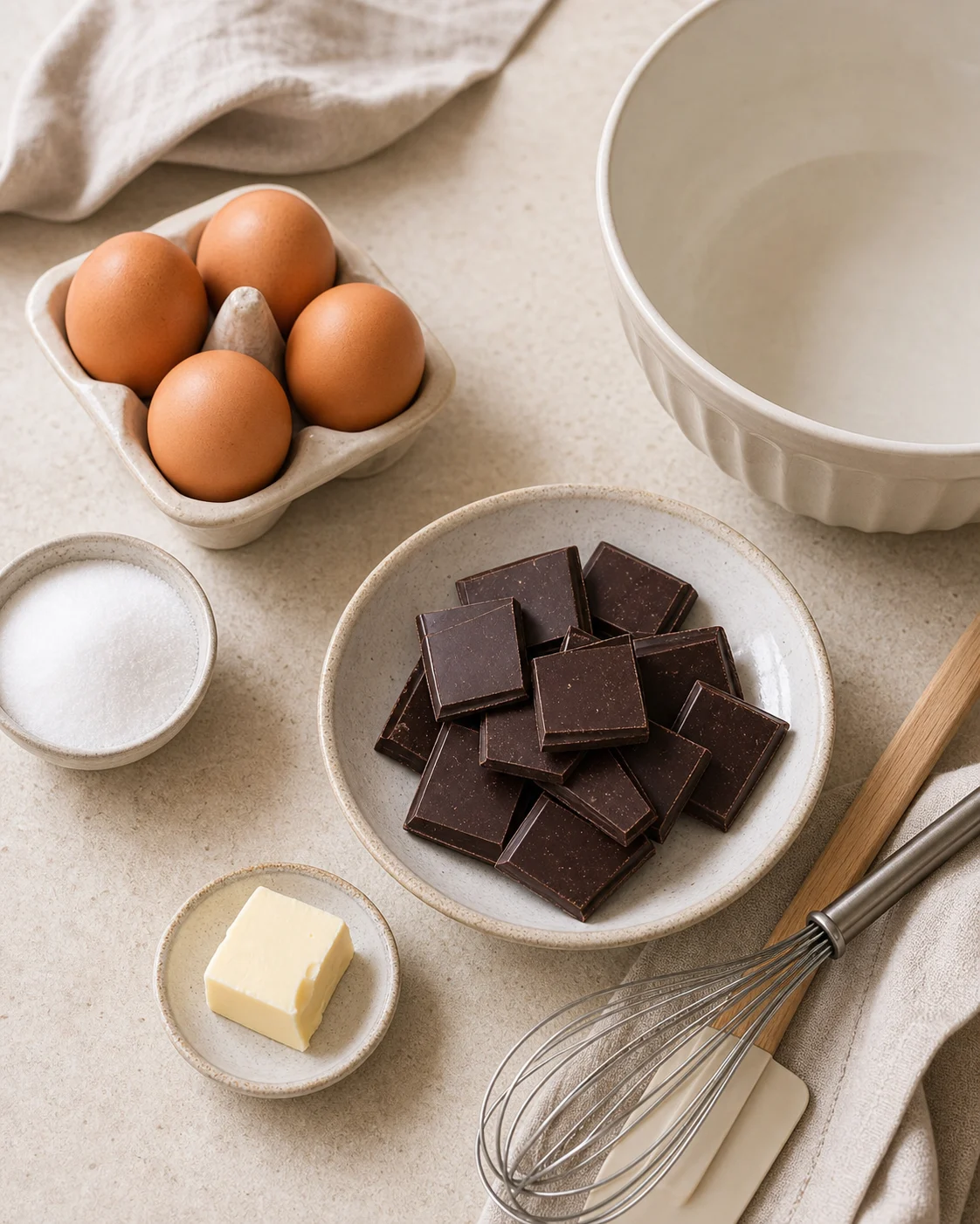 Ingrédients de la mousse au chocolat avec chocolat noir, œufs, beurre et petit bol de sucre sur plan de travail clair