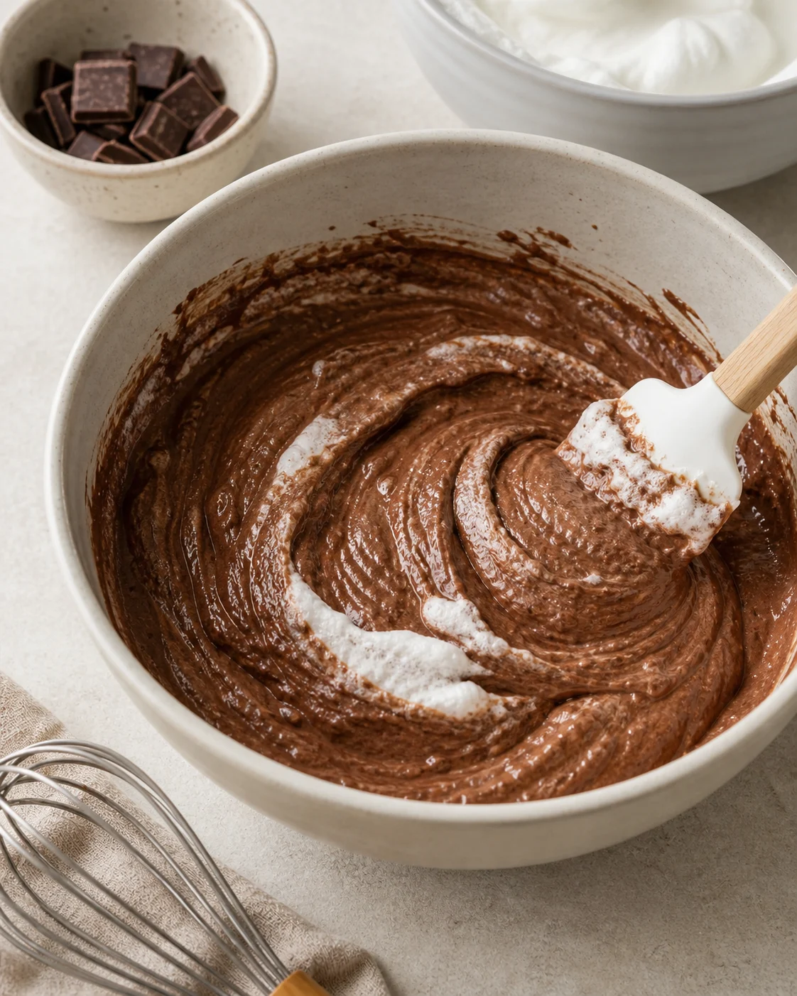 Préparation de mousse au chocolat avec base chocolatée détendue et blancs montés incorporés à la maryse