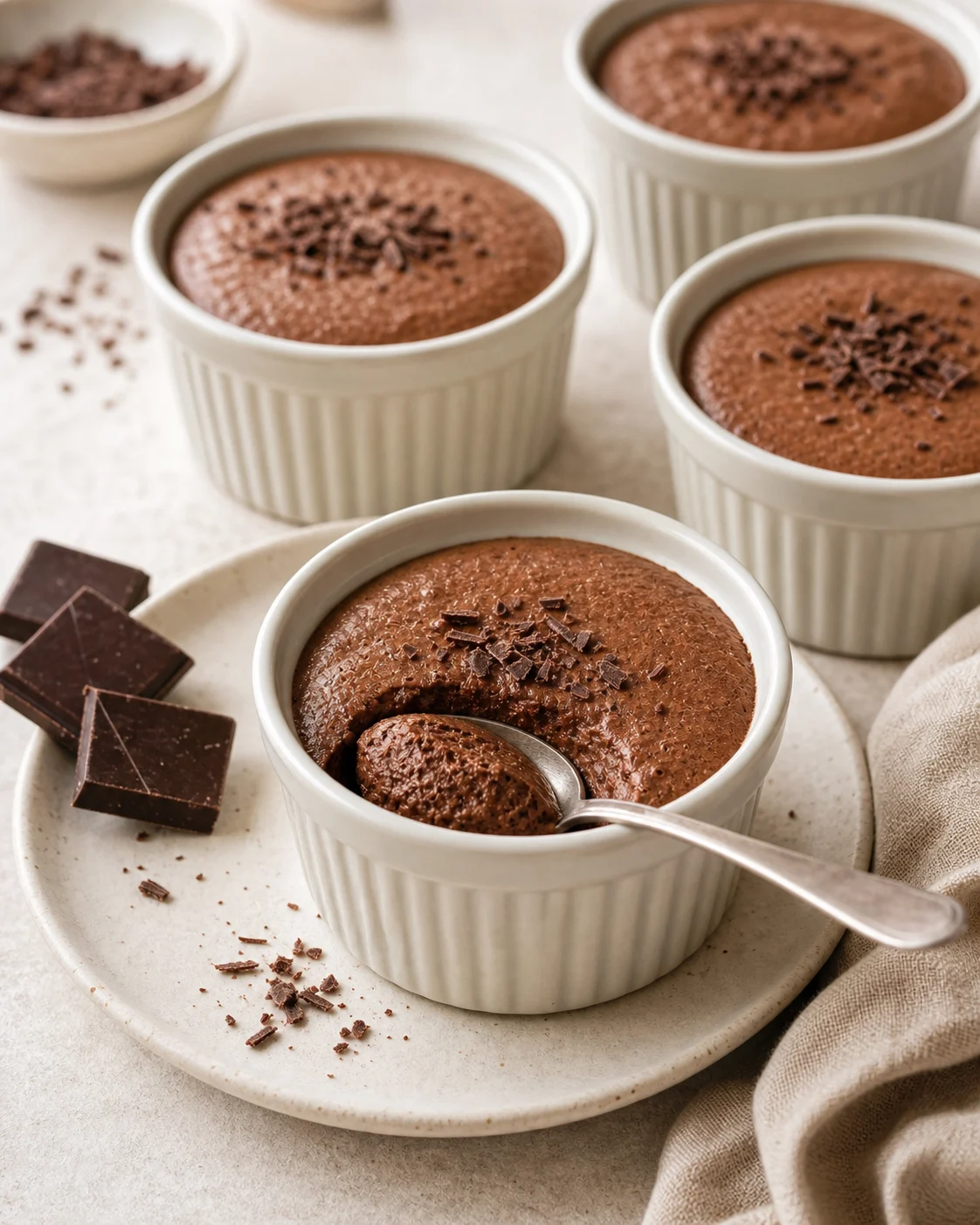Ramequins de mousse au chocolat simple servis avec petites cuillères et copeaux de chocolat