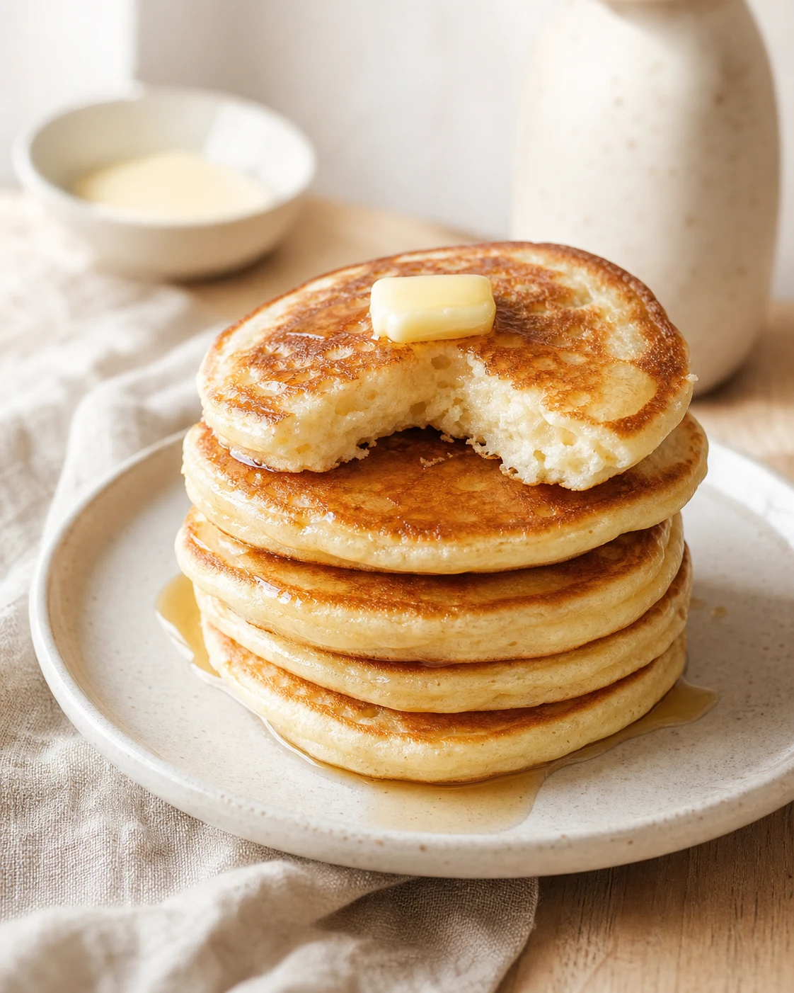 Pile de pancakes moelleux avec surface doree et interieur epais visible