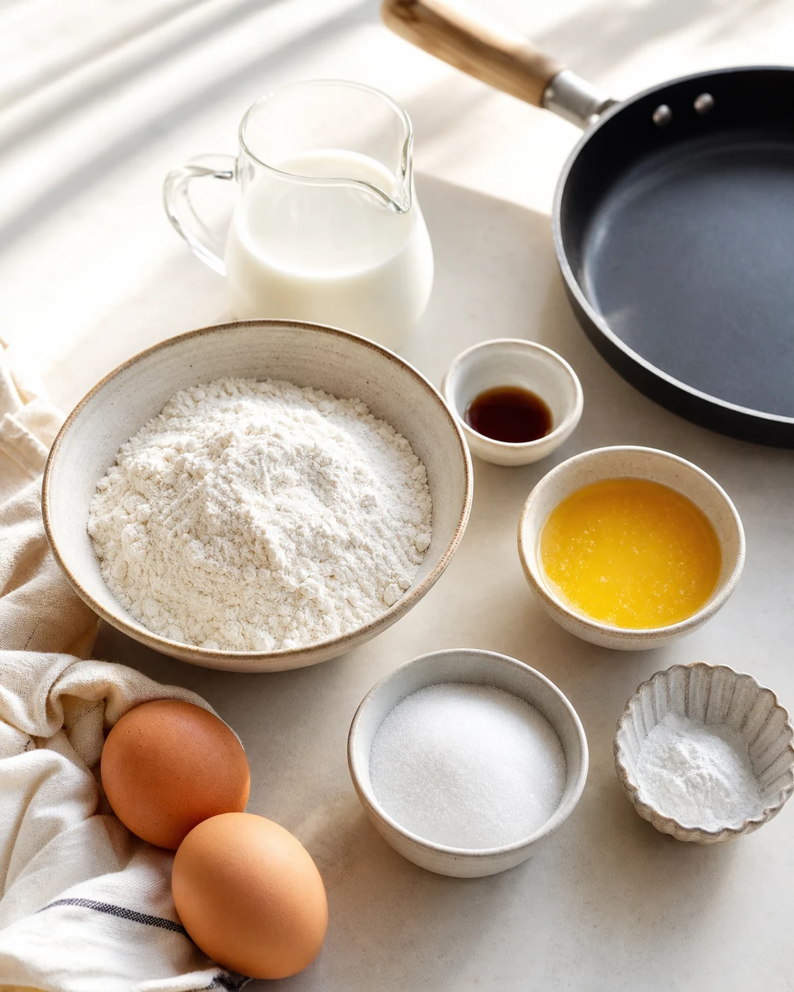Ingredients pour pancakes moelleux avec farine, lait, oeufs, beurre fondu, sucre, levure chimique et vanille