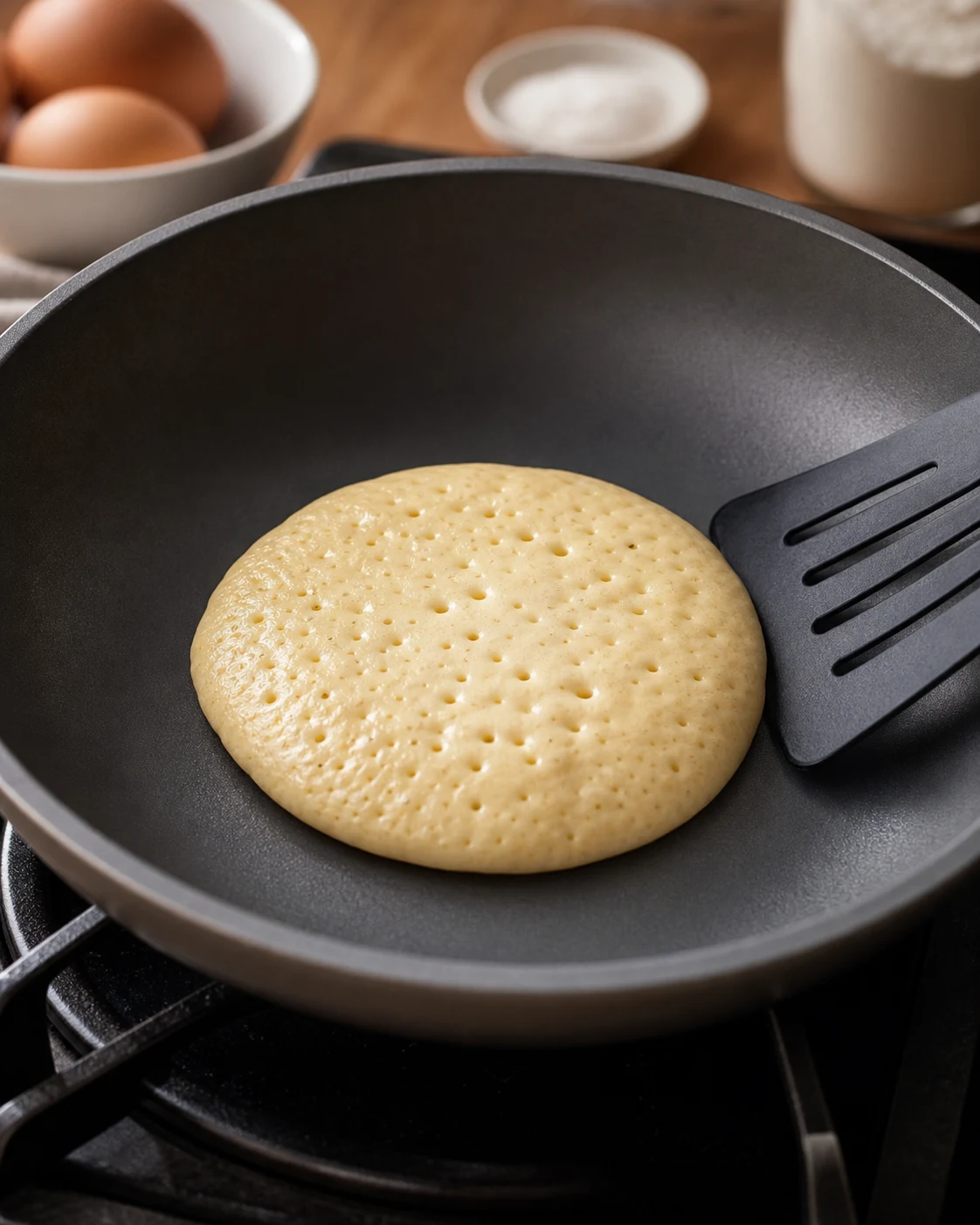 Pancake en cuisson dans une poele avec bulles en surface et bords qui commencent a matifier