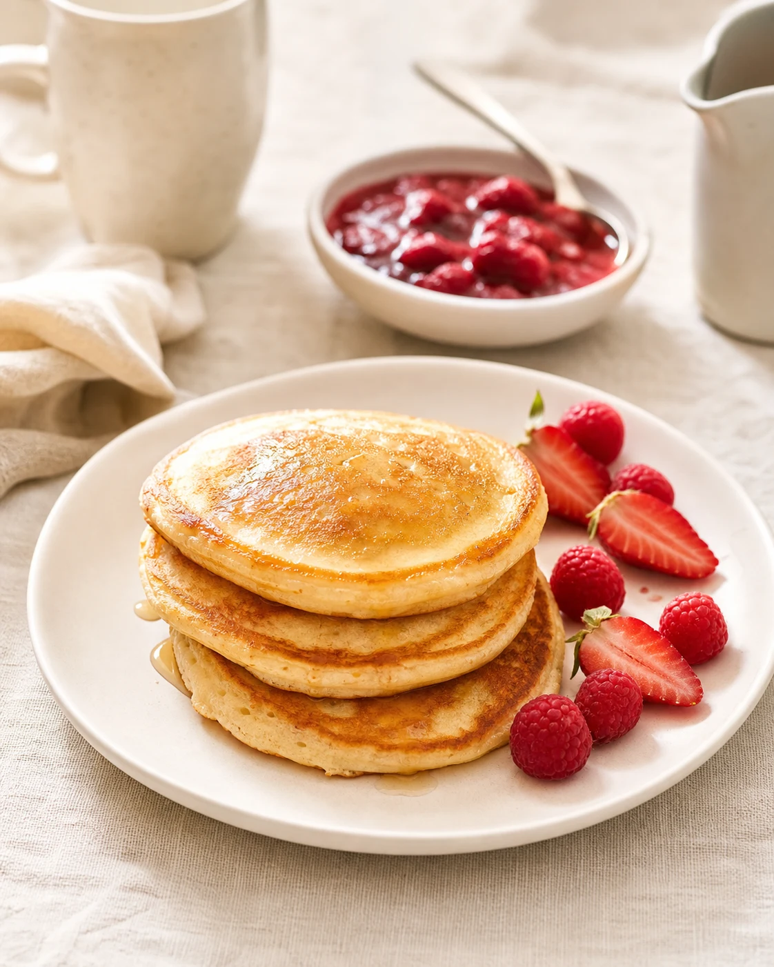 Pancakes moelleux servis avec fruits rouges, compote et un filet de sirop sur une assiette claire